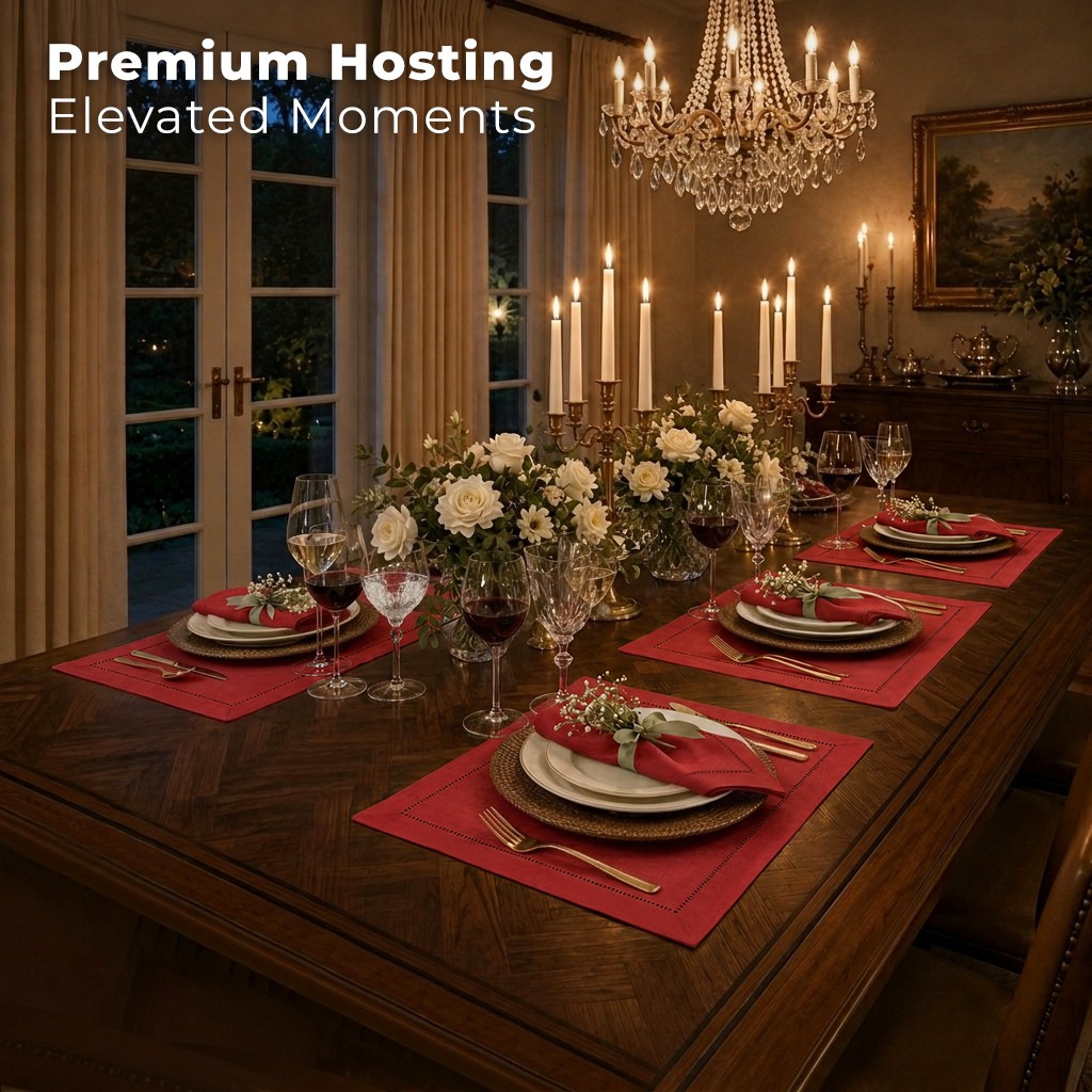 Bright red pure linen placemats with matching D'Moksha table linens