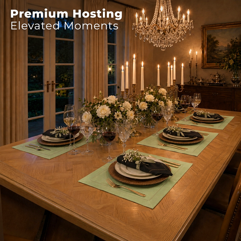 Sage green pure linen placemats with matching D'Moksha table linens