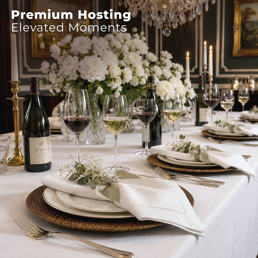 White pure linen dinner napkins with matching D'Moksha table linens