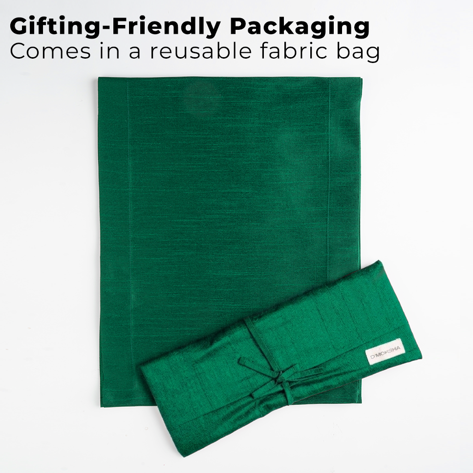 Emerald green Luxe Shine table runner with matching D'Moksha table linens