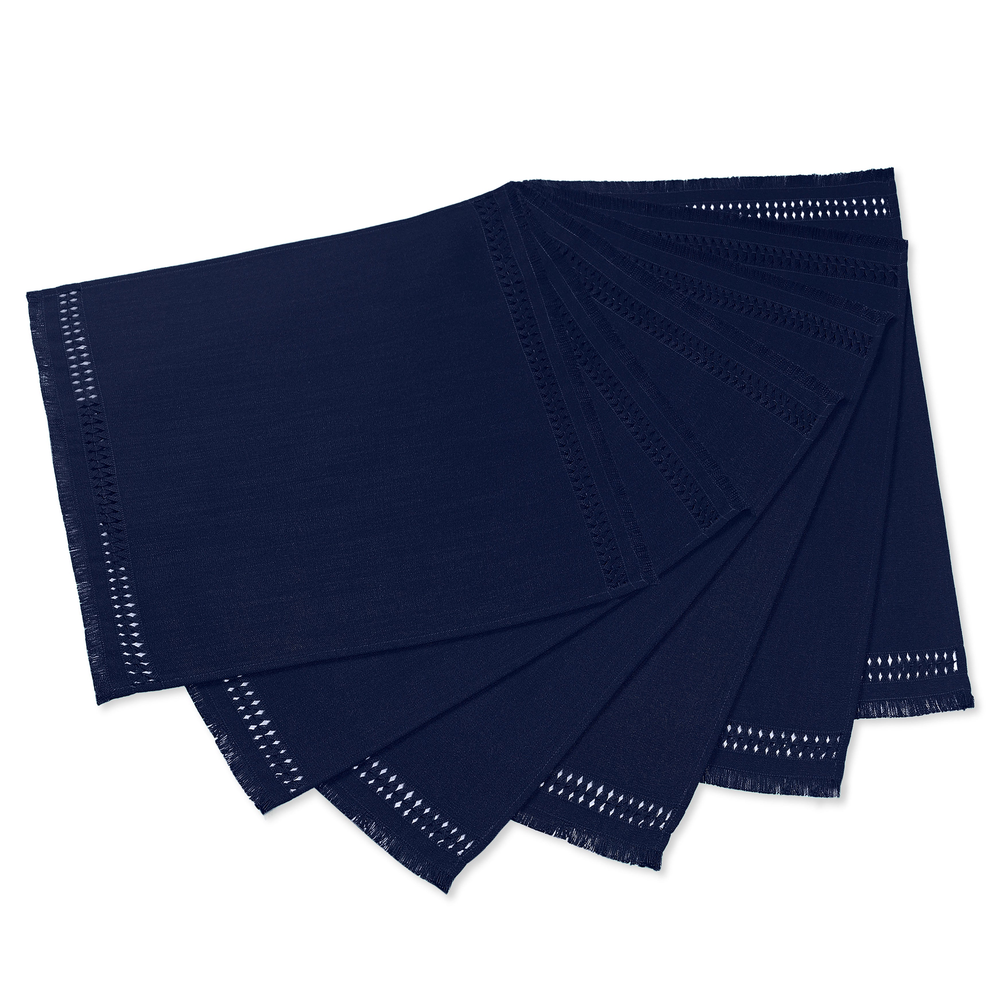 Navy blue faux linen placemats with matching D'Moksha table linens