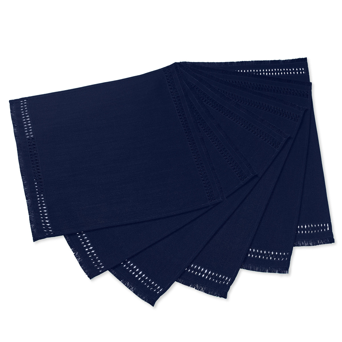 Navy blue faux linen dinner napkins with matching D'Moksha table linens