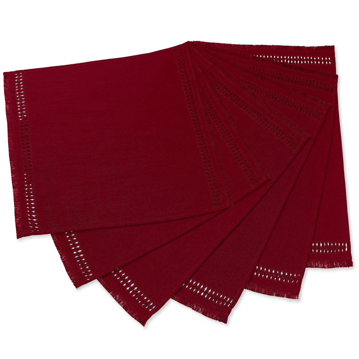 Red faux linen dinner napkins with matching D'Moksha table linens