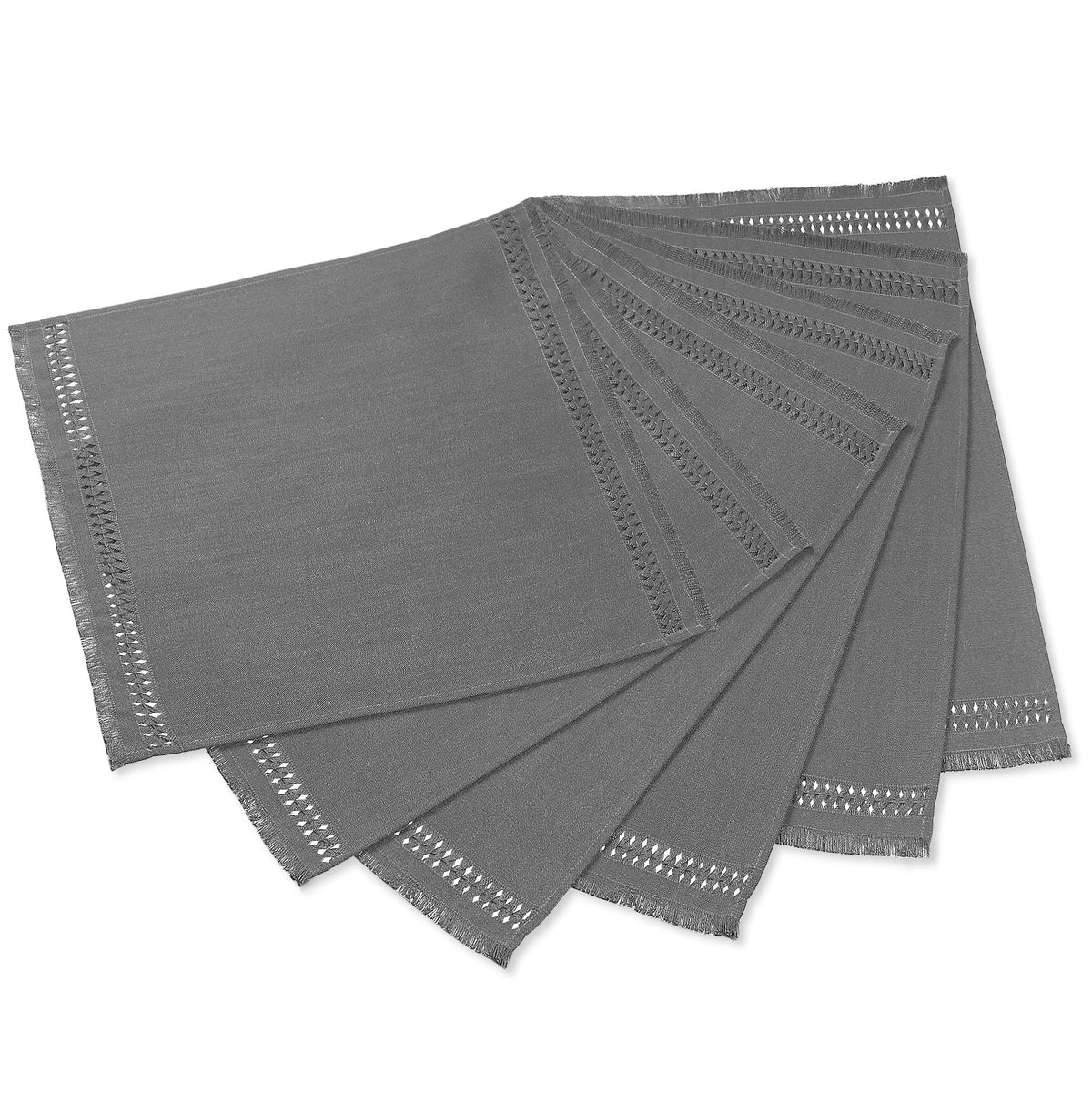 Charcoal grey faux linen dinner napkins with matching D'Moksha table linens