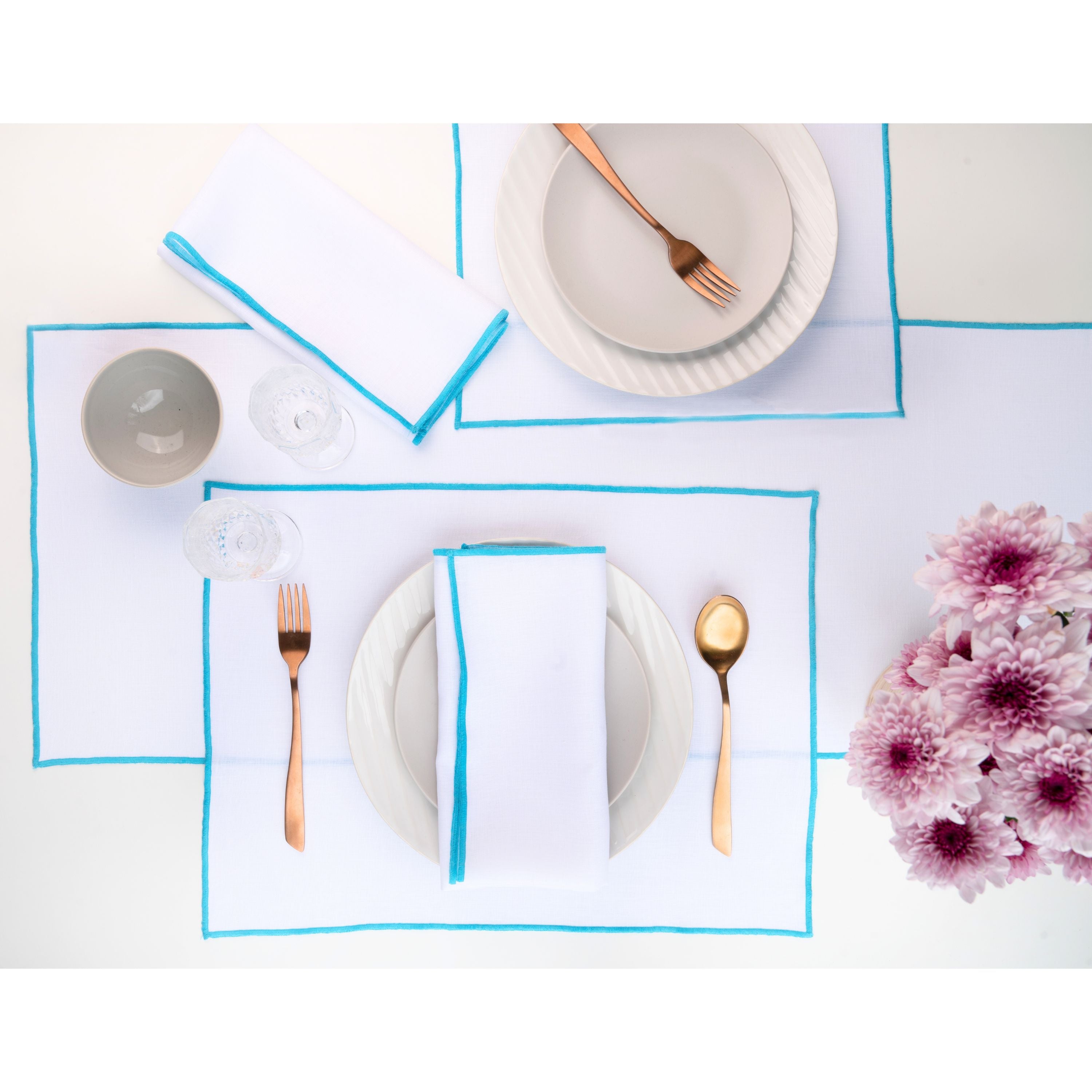 White and blue pure linen table runner with matching D'Moksha table linens