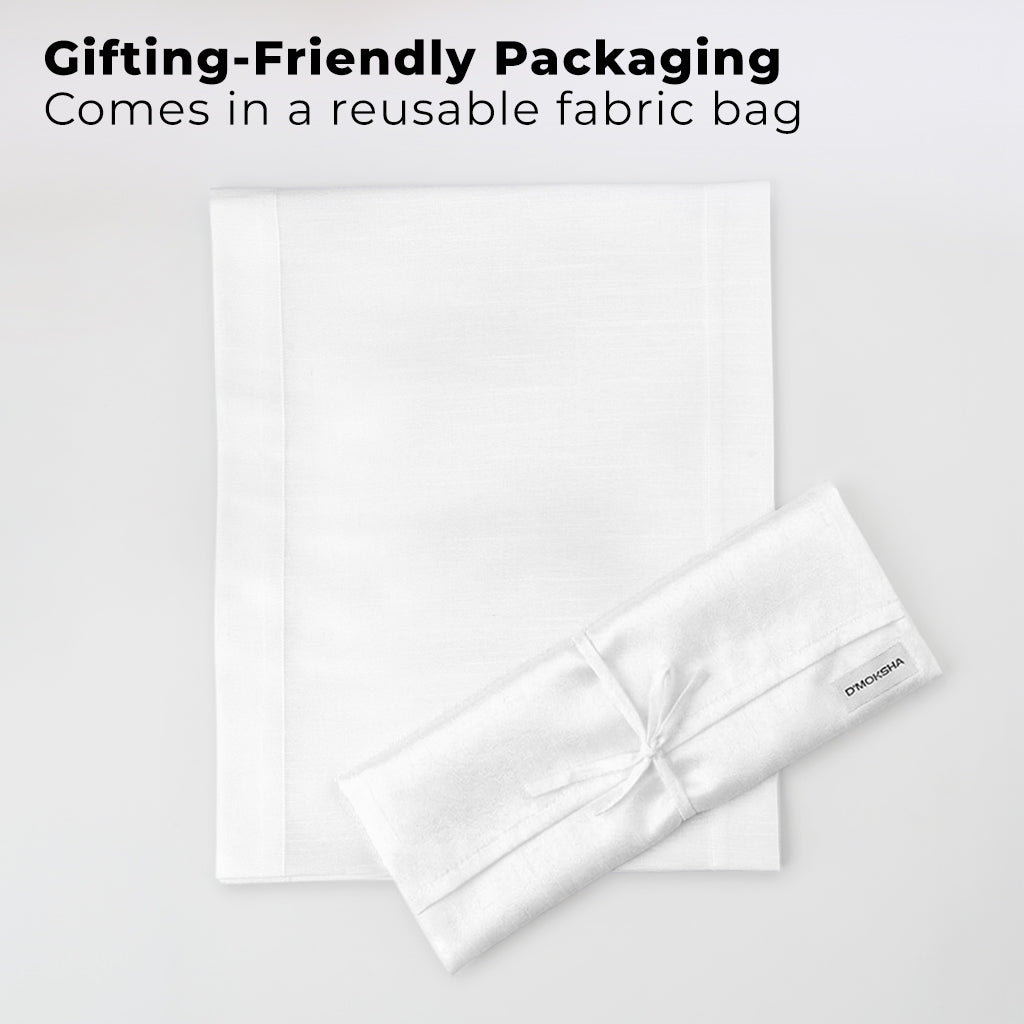 White Luxe Shine table runner with matching D'Moksha table linens