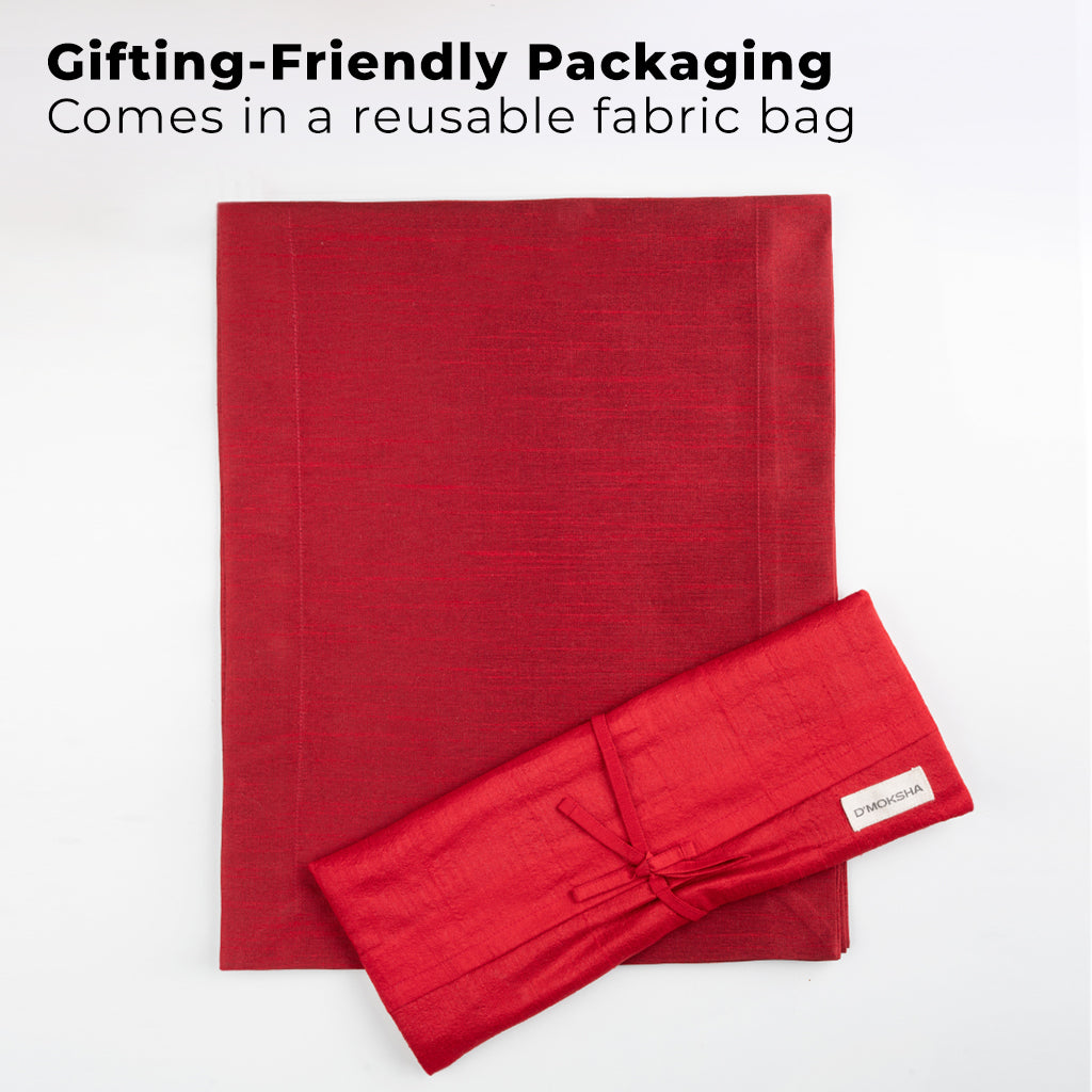 Tango red Luxe Shine table runner with matching D'Moksha table linens