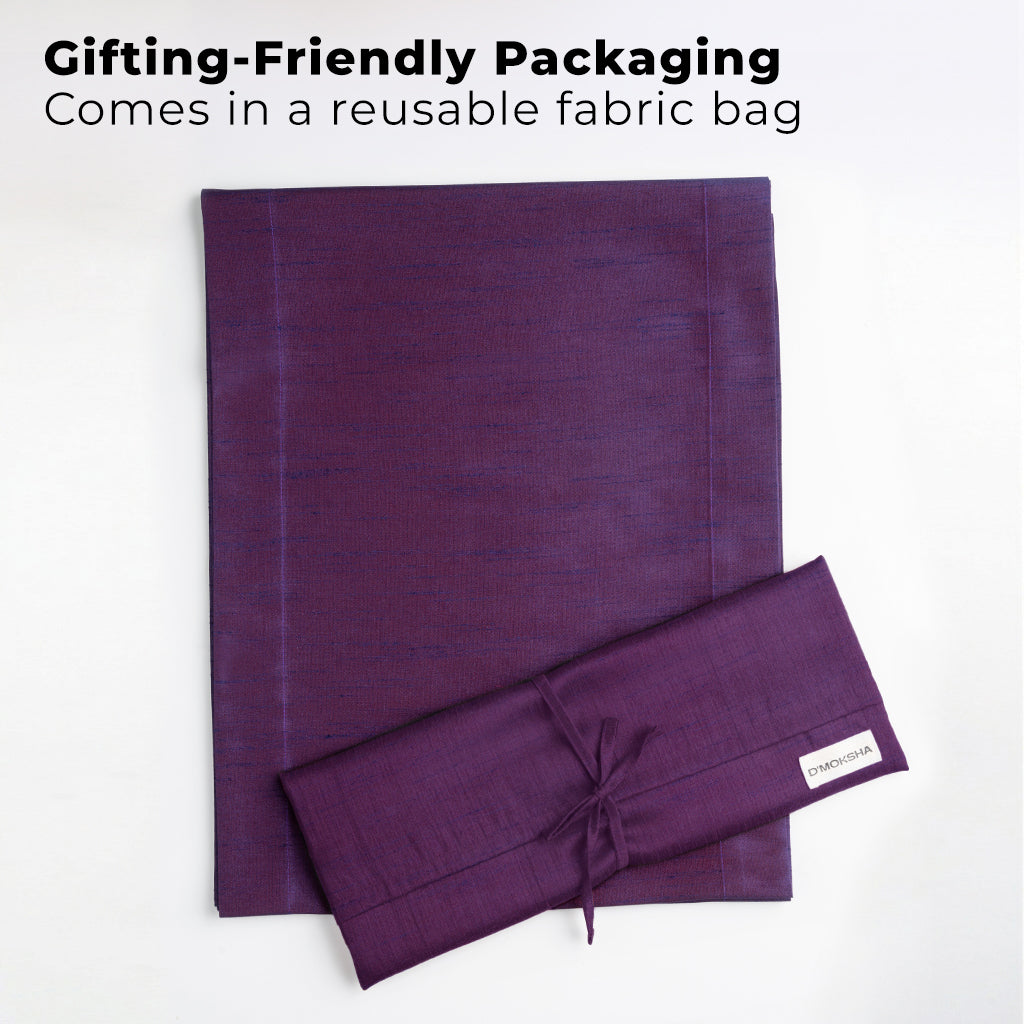 Purple Luxe Shine table runner with matching D'Moksha table linens