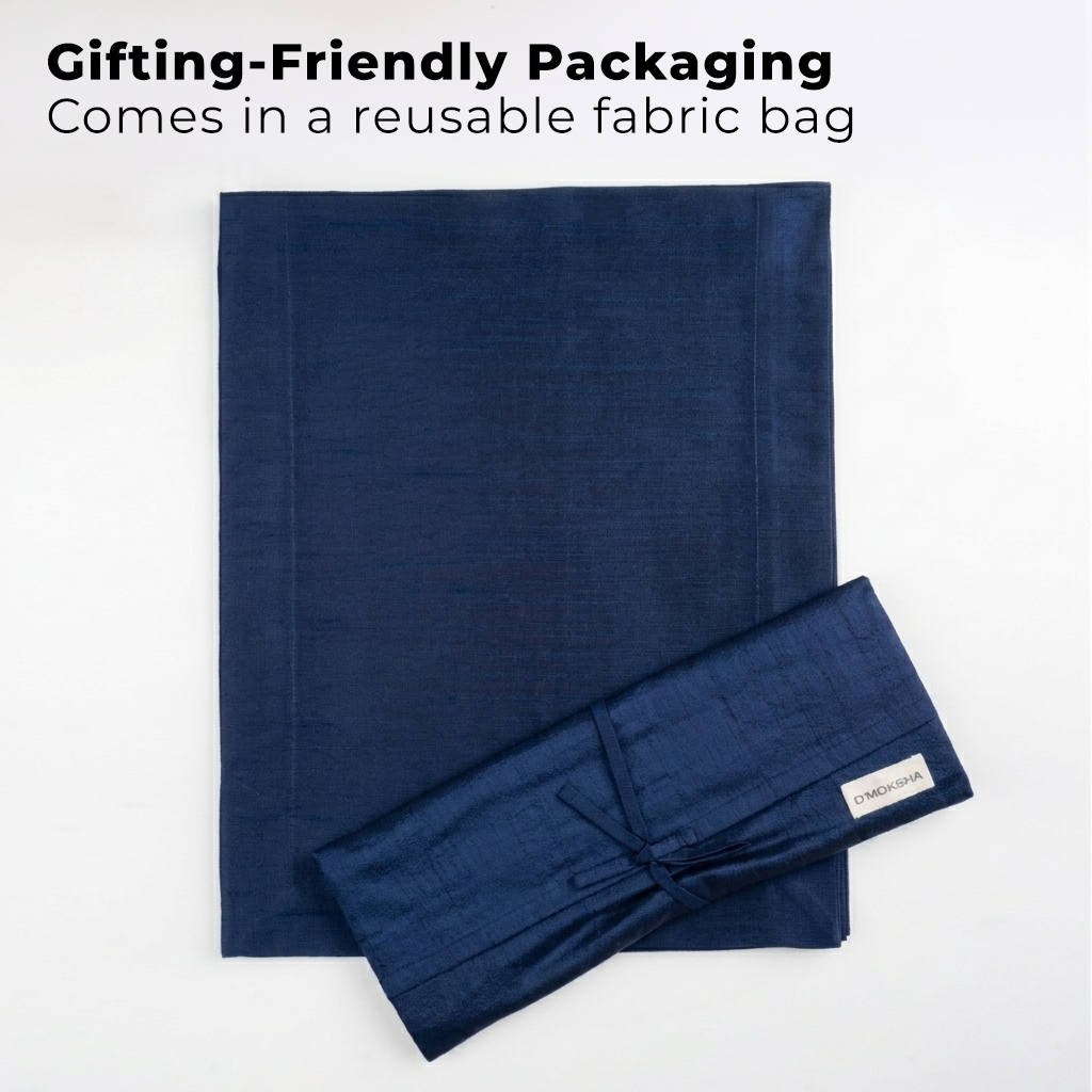 Navy blue Luxe Shine table runner with matching D'Moksha table linens
