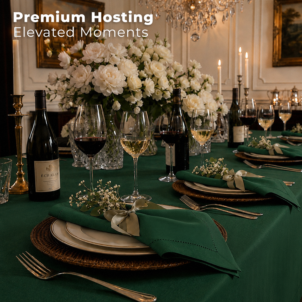 Forest green pure linen dinner napkins with matching D'Moksha table linens