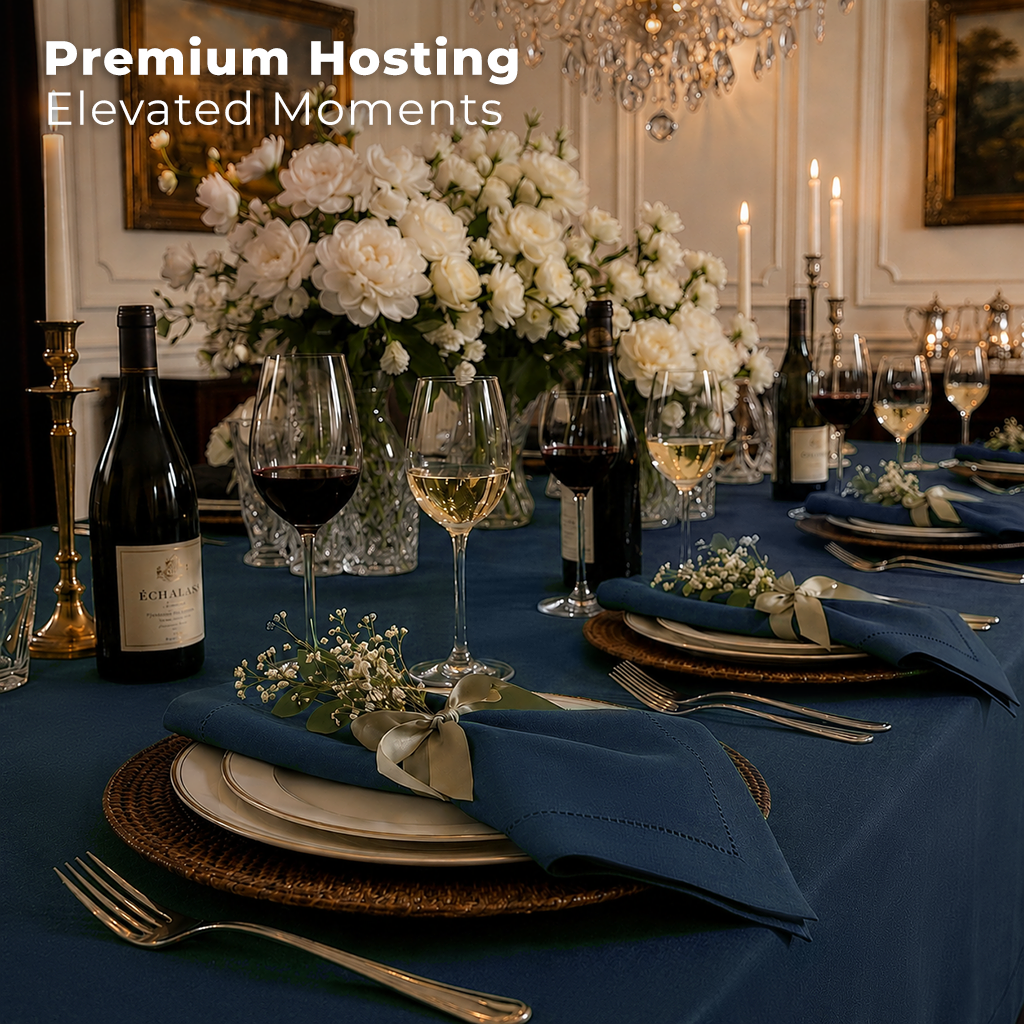 Navy blue pure linen dinner napkins with matching D'Moksha table linens