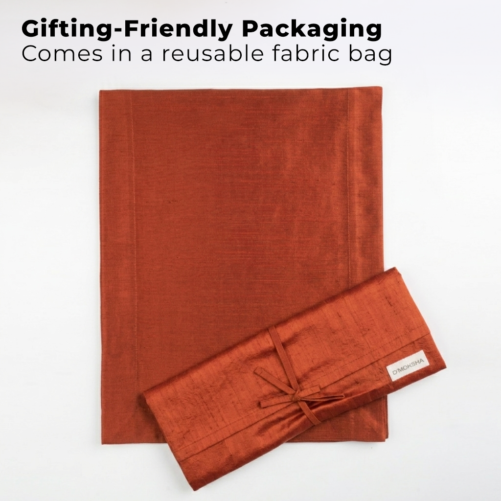 Rust Luxe Shine table runner with matching D'Moksha table linens