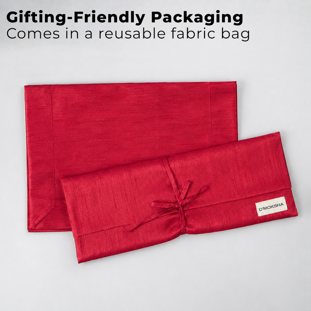 Tango red Luxe Shine placemats with matching D'Moksha table linens