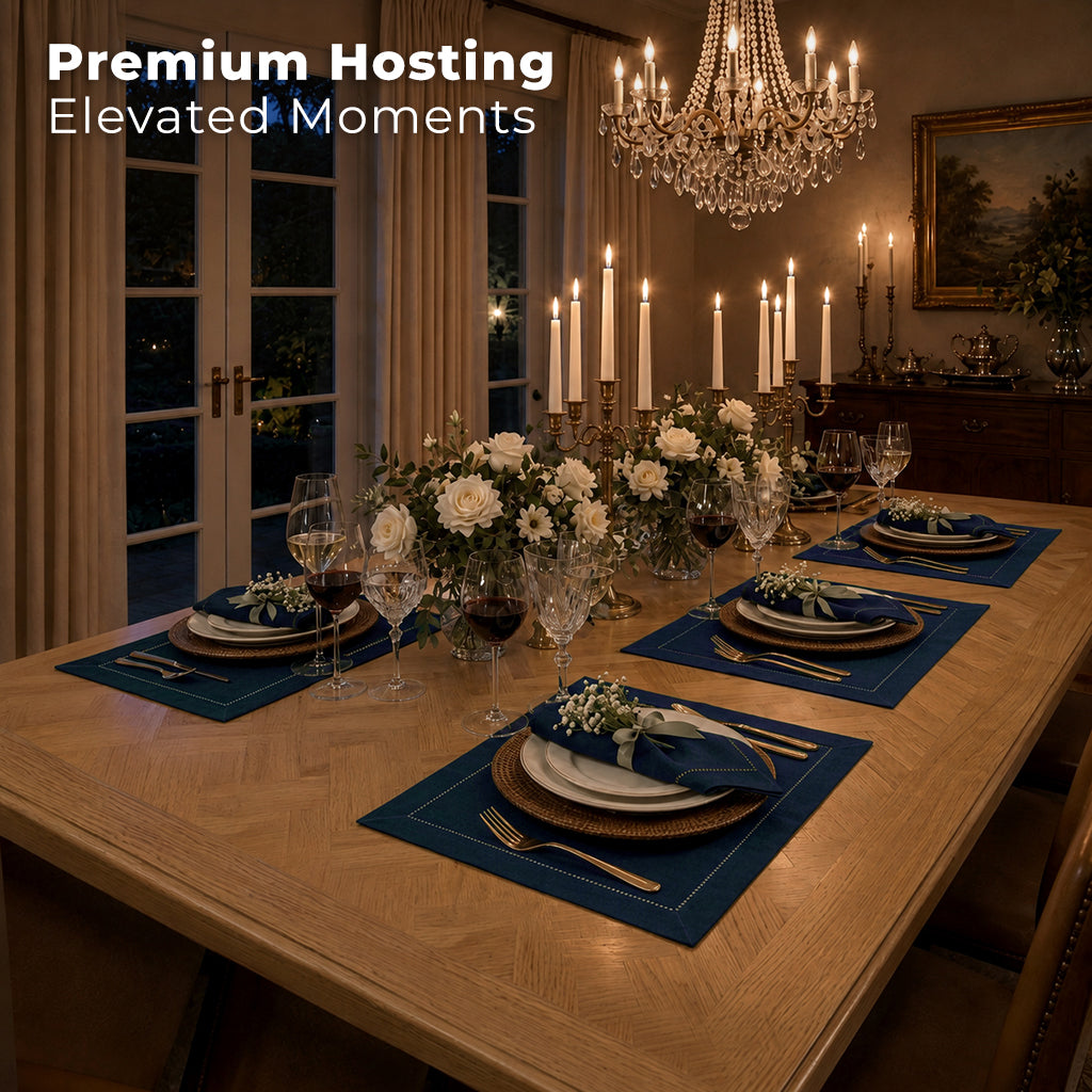 Navy blue pure linen placemats with matching D'Moksha table linens