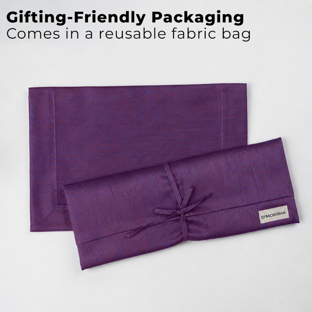 Purple Luxe Shine placemats with matching D'Moksha table linens