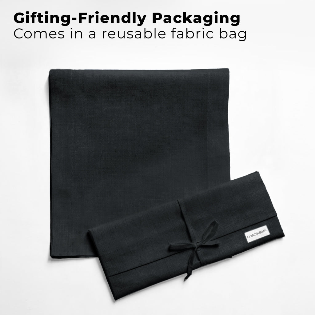 Black faux linen table runner with matching D'Moksha table linens