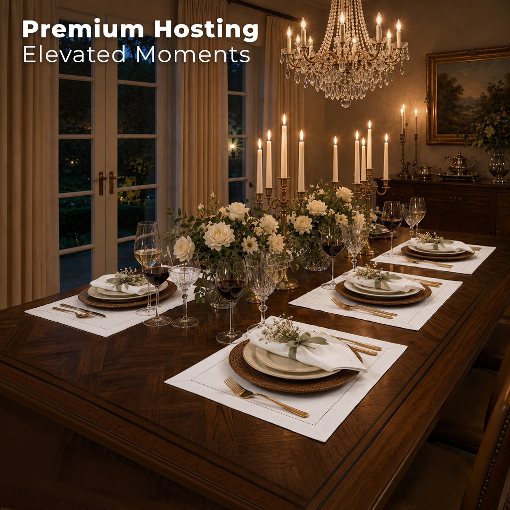 White pure linen placemats with matching D'Moksha table linens
