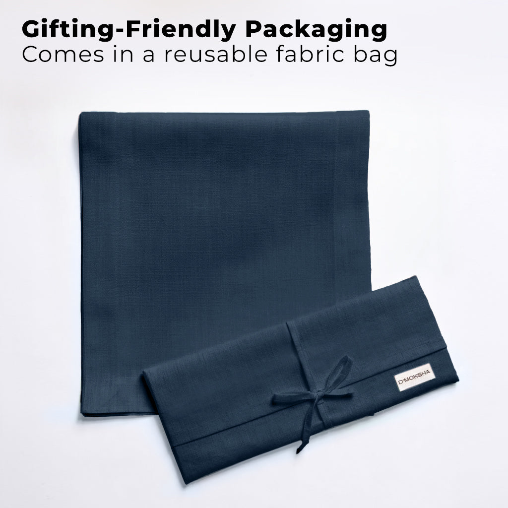 Navy blue faux linen table runner with matching D'Moksha table linens