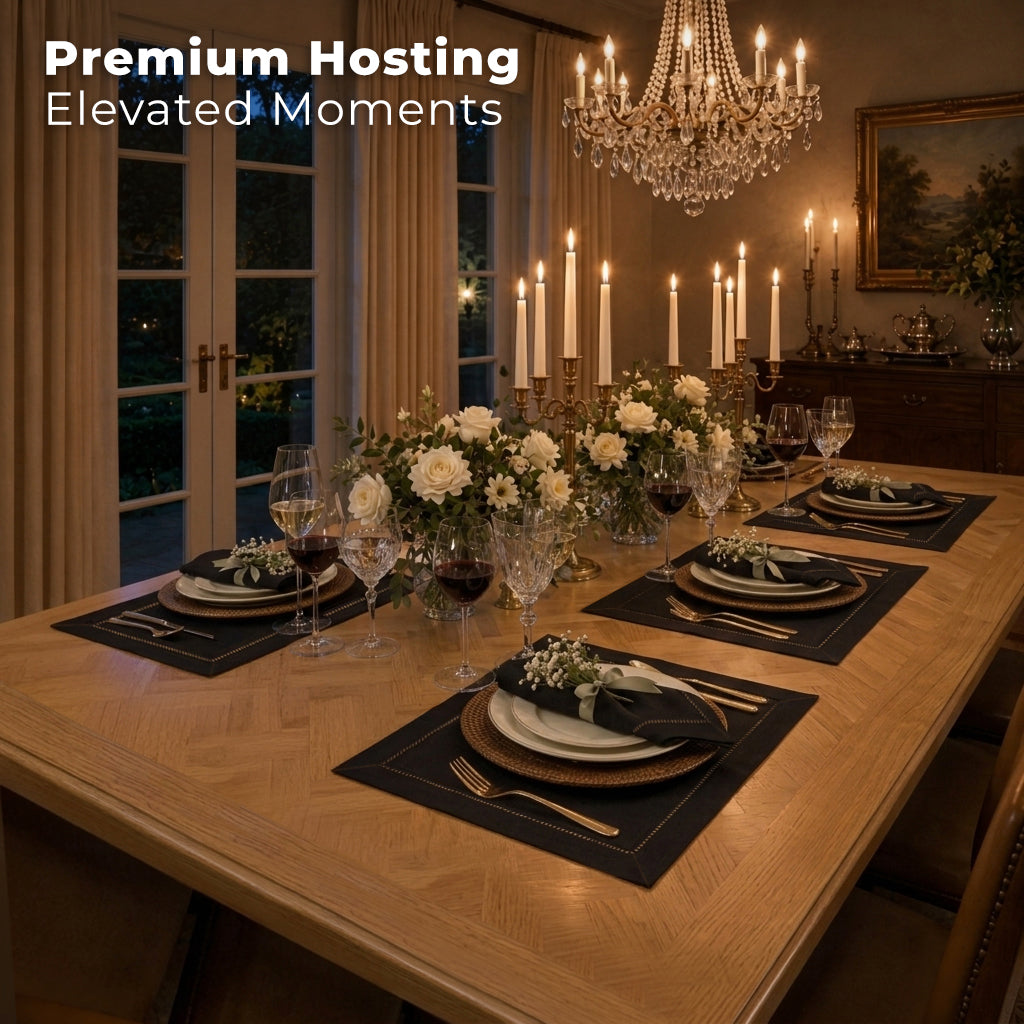 Black pure linen placemats with matching D'Moksha table linens