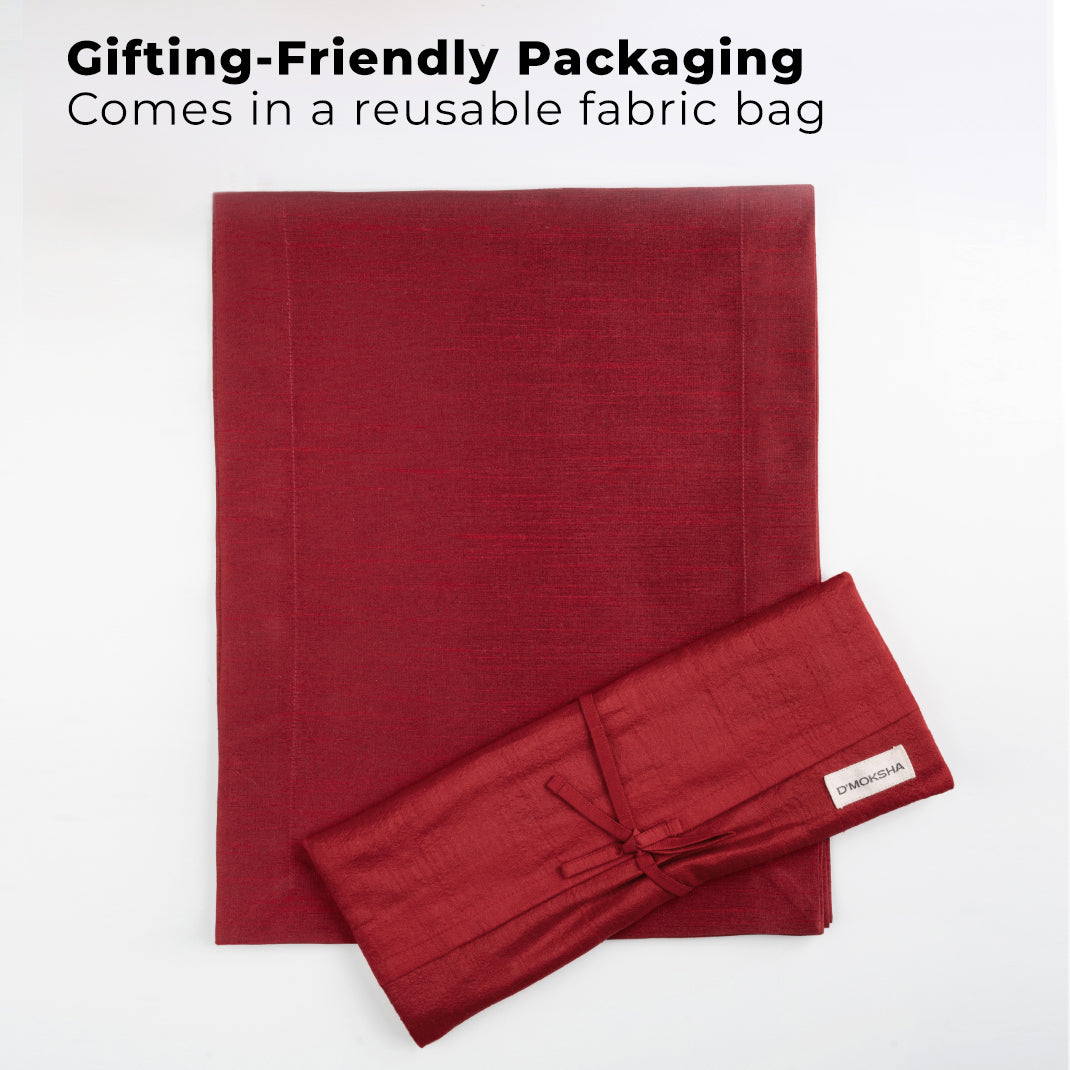 Red Luxe Shine table runner with matching D'Moksha table linens