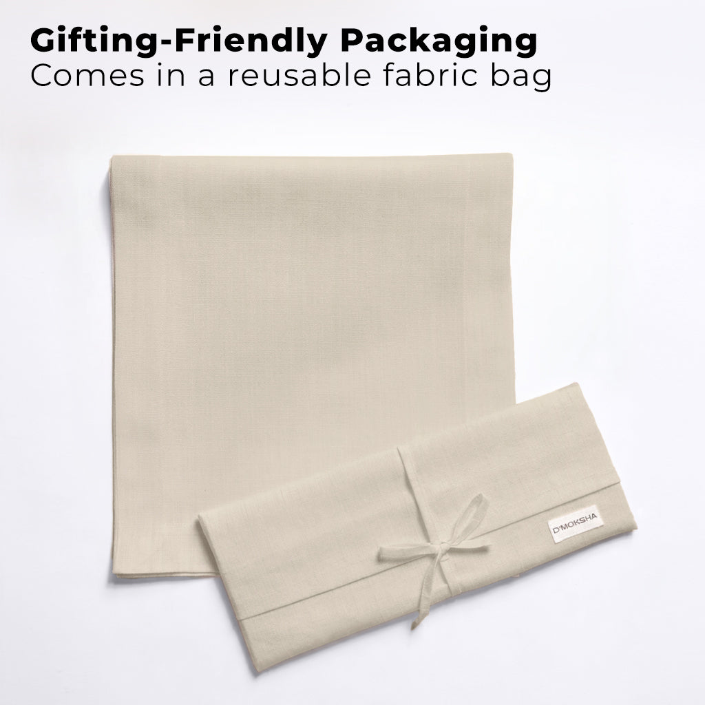 Natural faux linen table runner with matching D'Moksha table linens