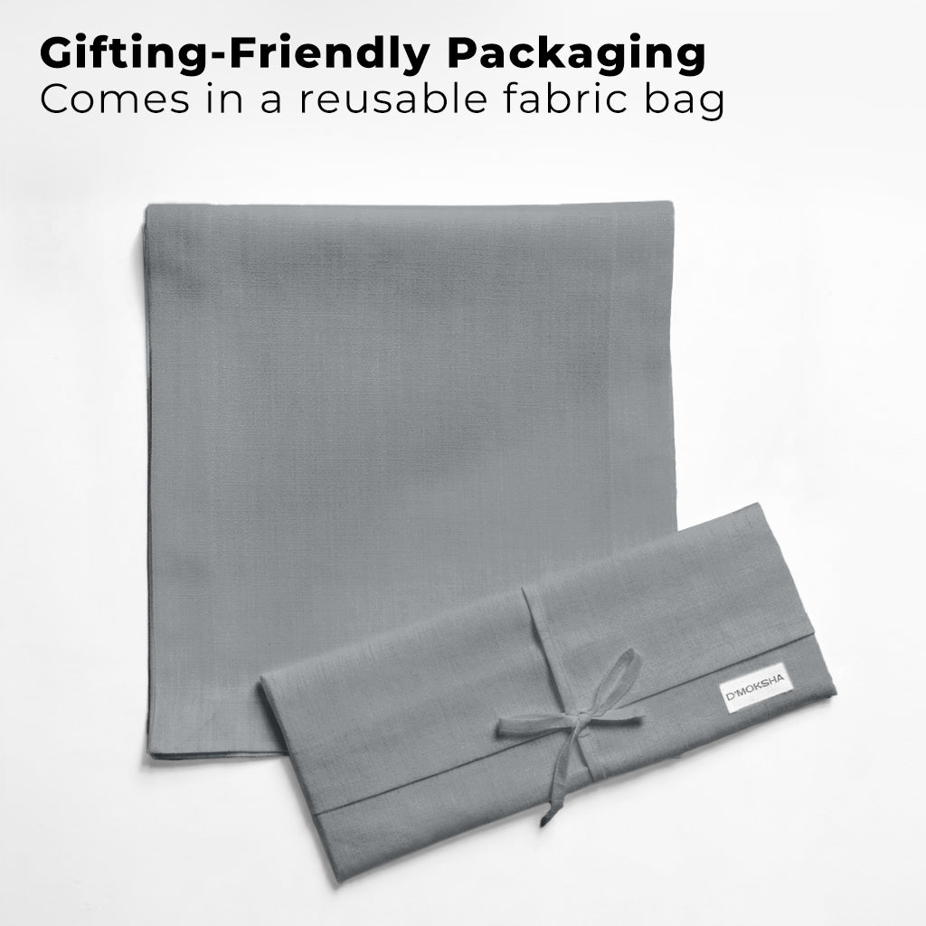 Charcoal grey faux linen table runner with matching D'Moksha table linens
