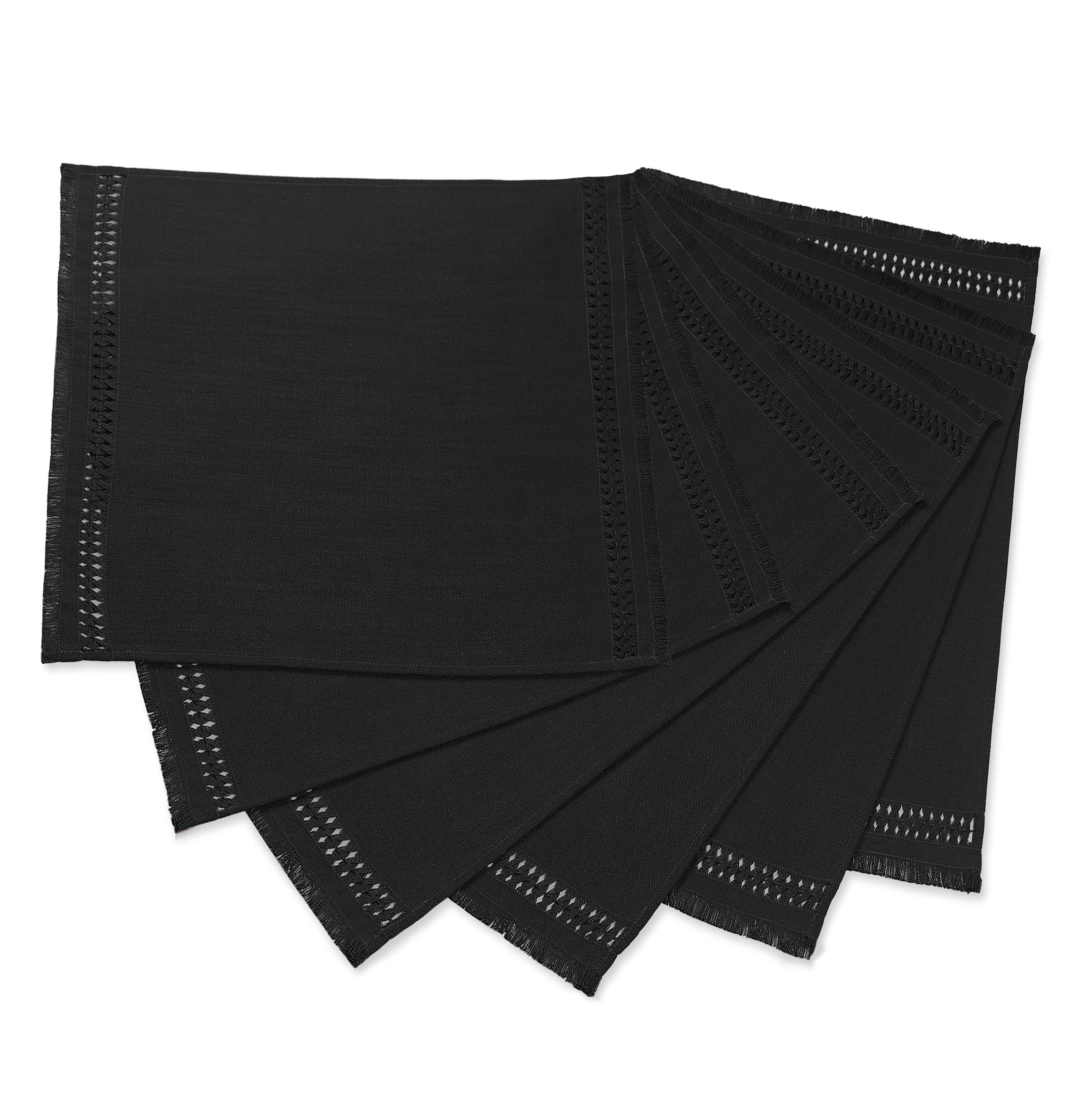 Black faux linen dinner napkins with matching D'Moksha table linens