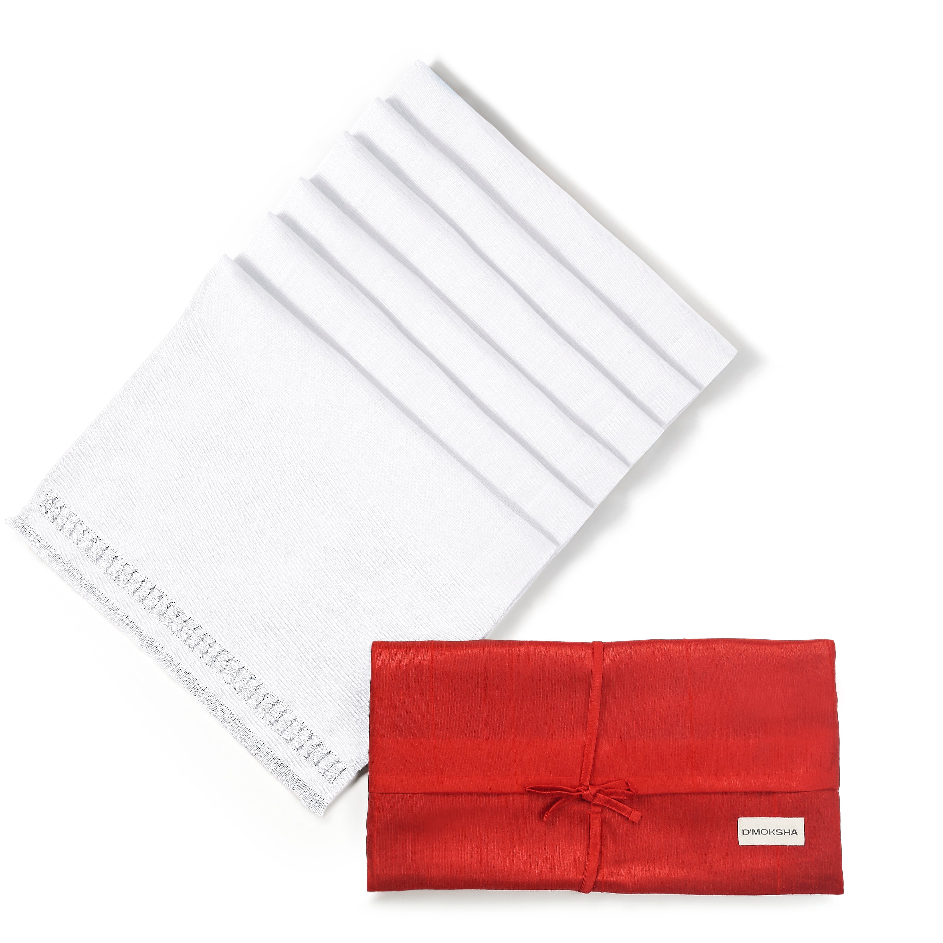 Close-up of the hand-hemstitch edge on chambray cream and white faux linen dinner napkins