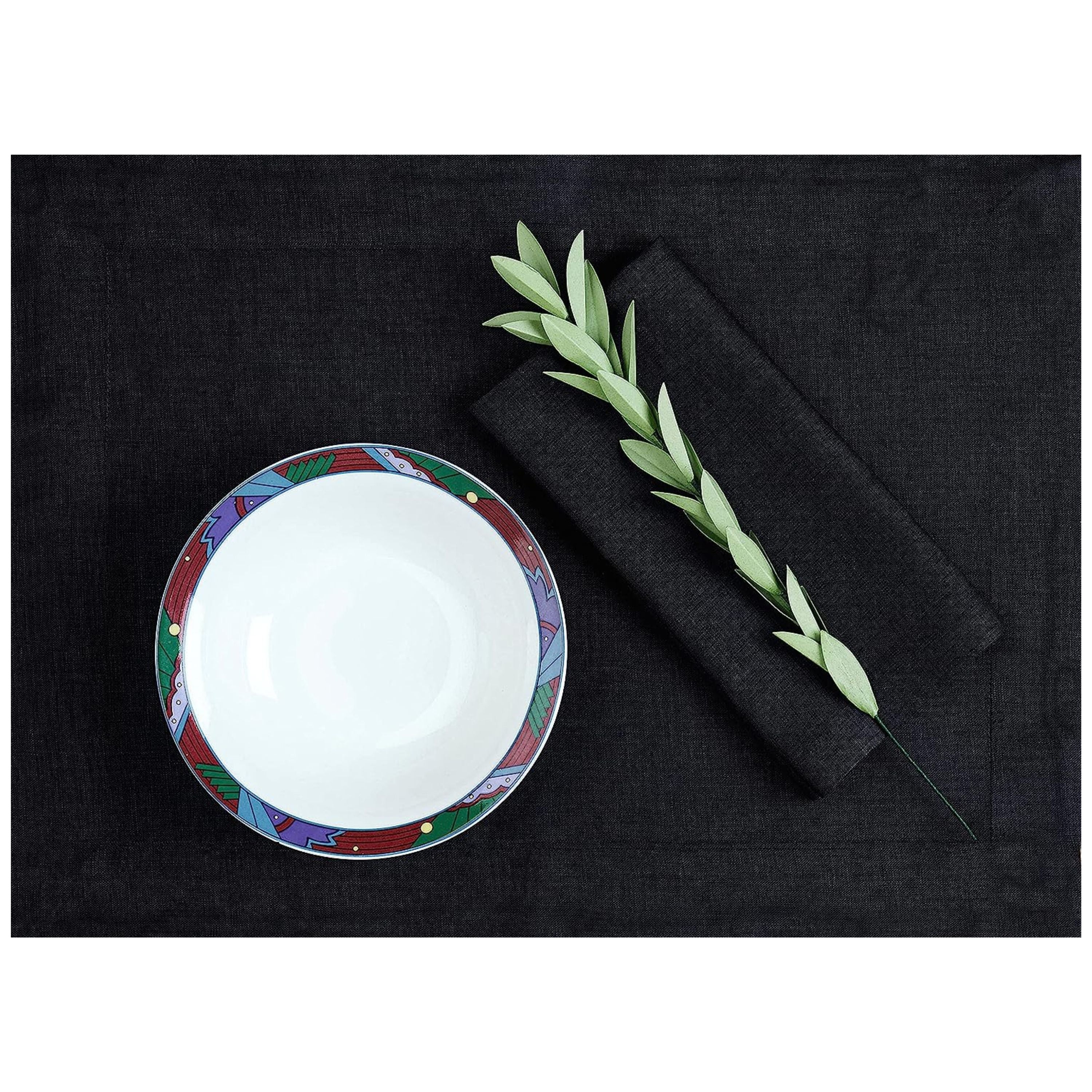 Black and white pure linen placemats with matching D'Moksha table linens