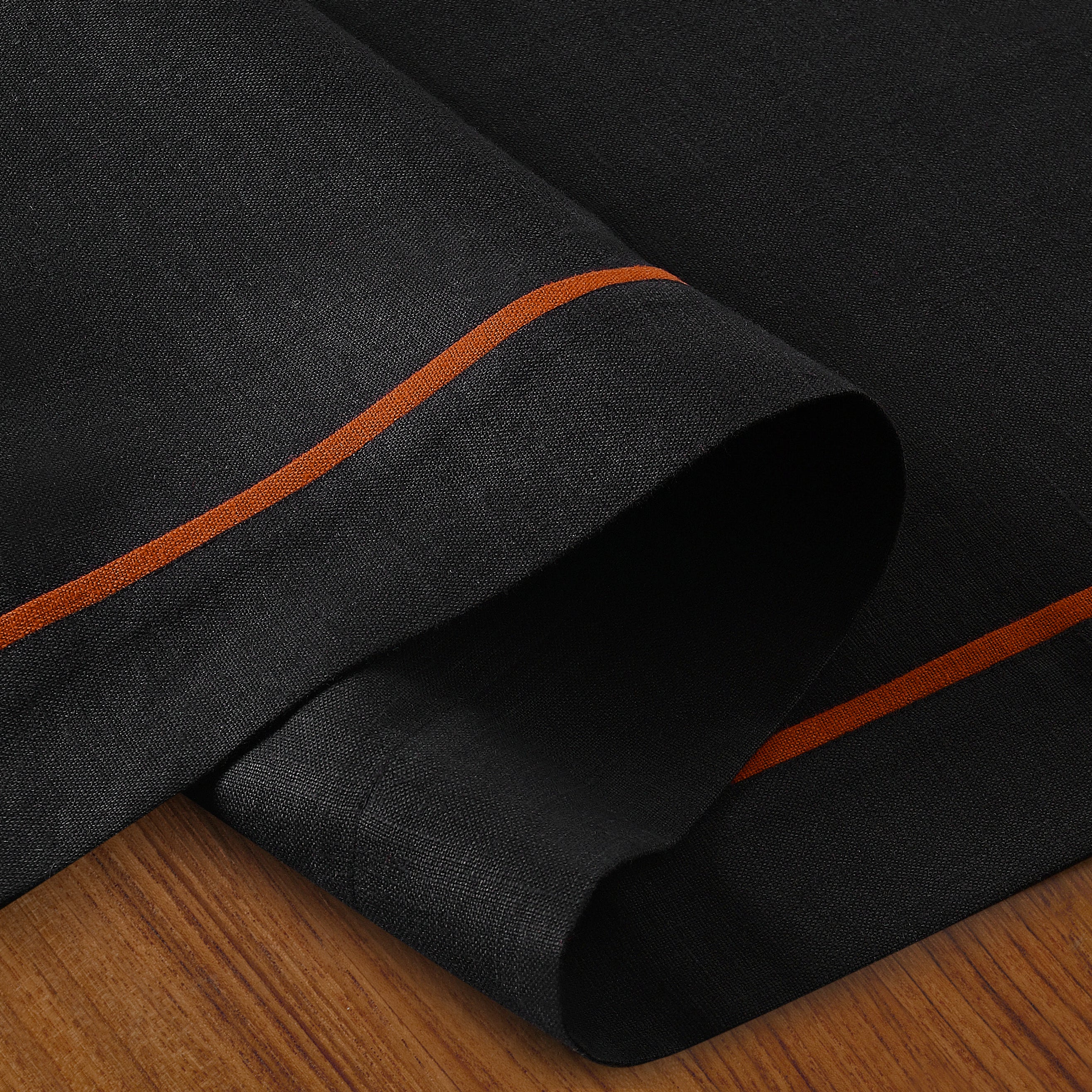 Black and rust pure linen table runner with matching D'Moksha table linens