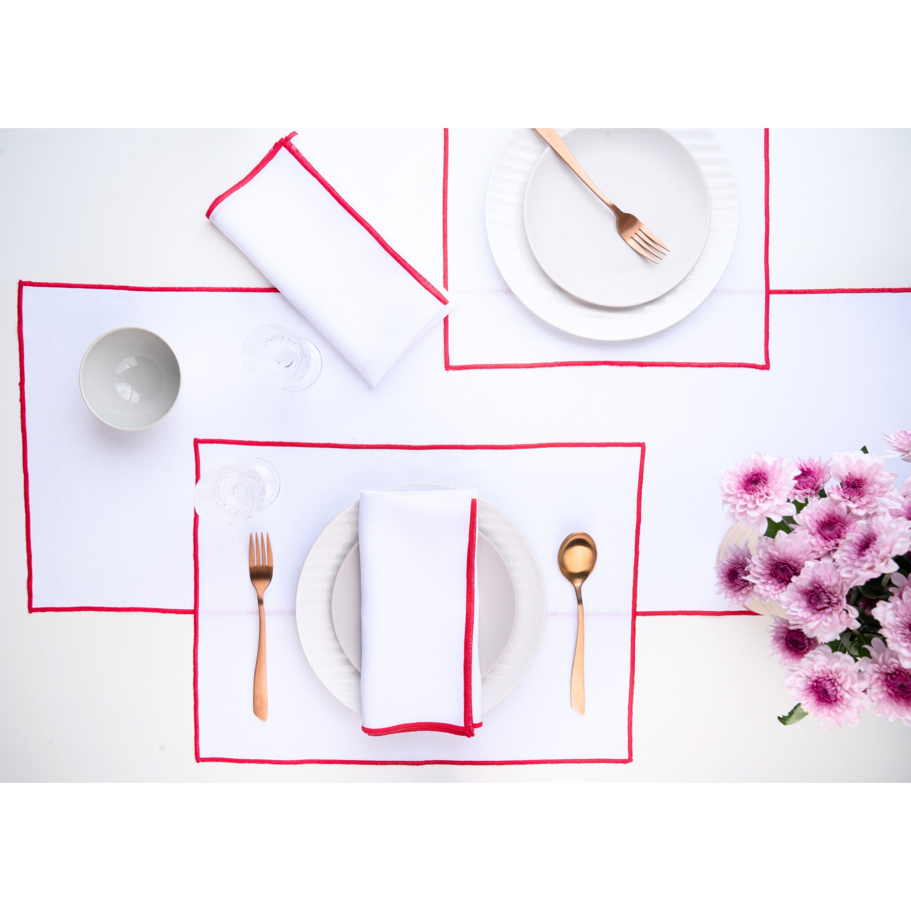 White and red pure linen table runner with matching D'Moksha table linens