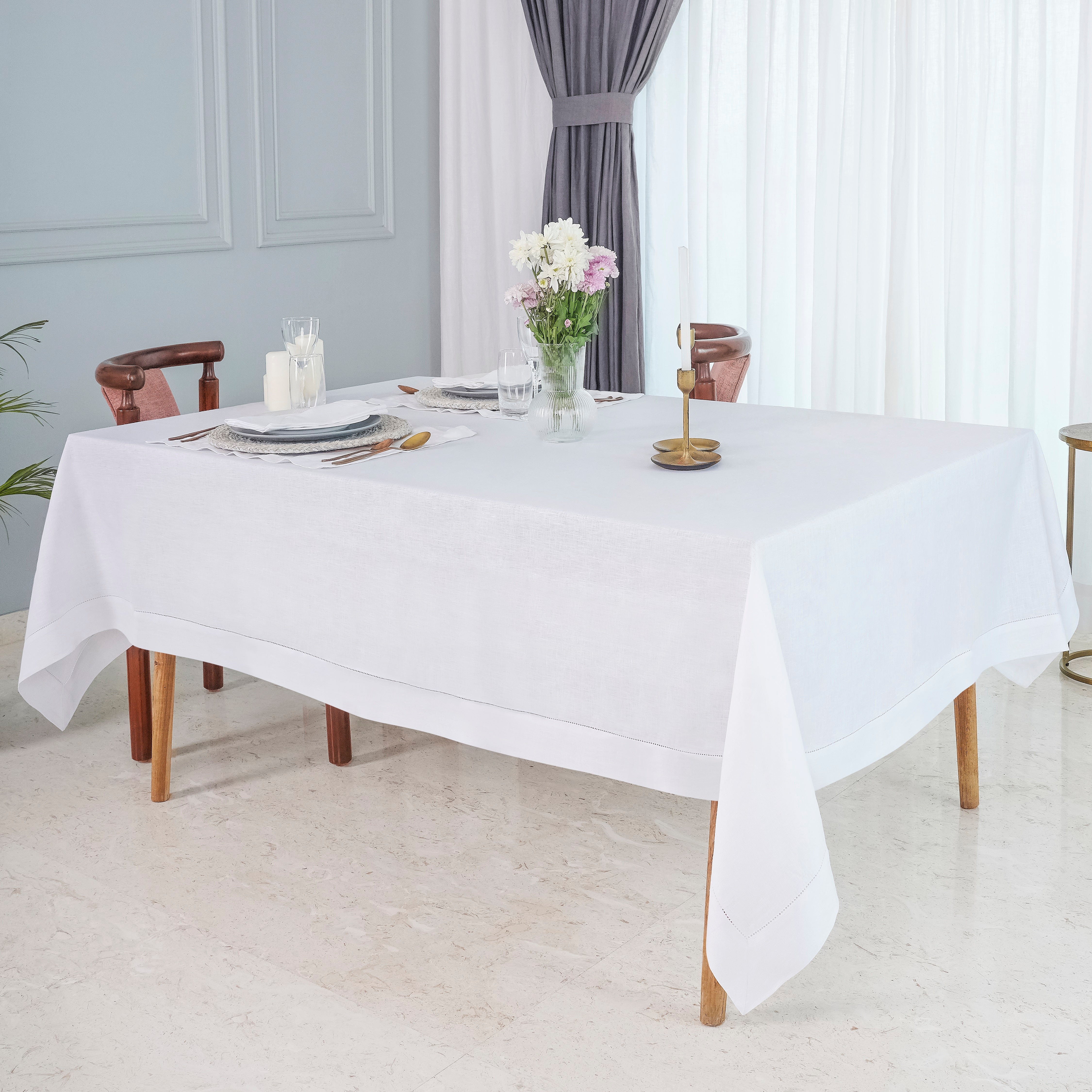 White Pure Linen Tablecloth, Hemstitch