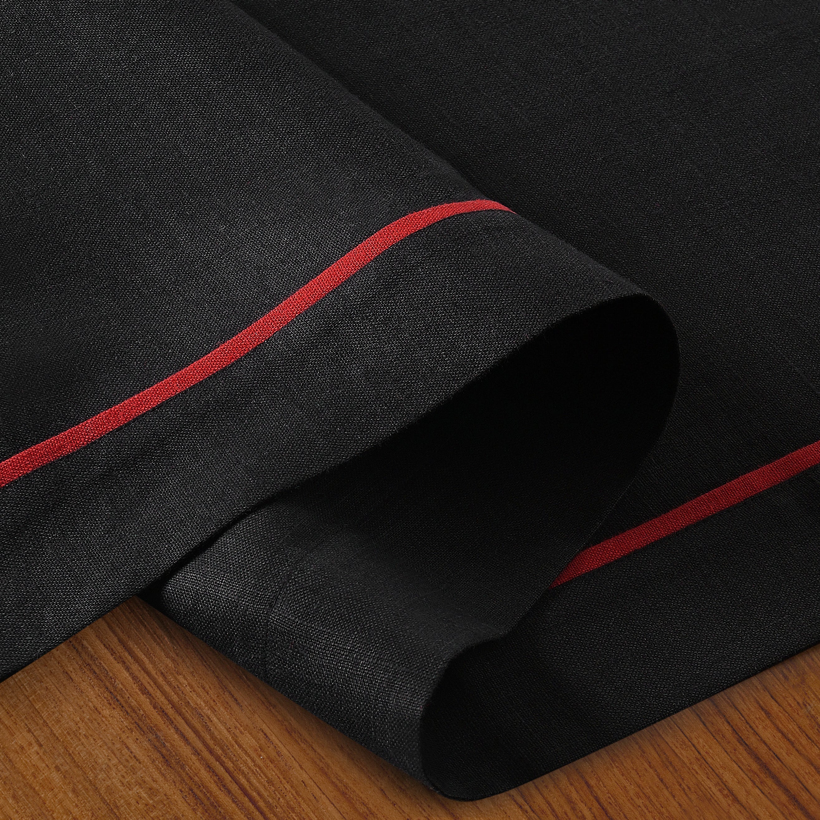 Black and red pure linen table runner with matching D'Moksha table linens