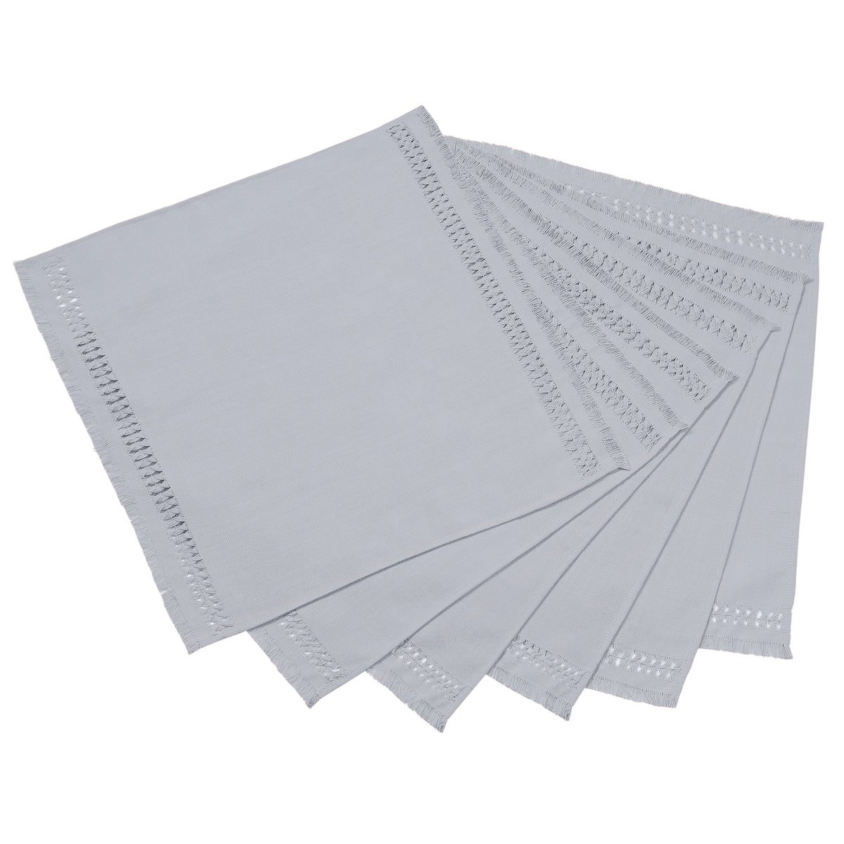 Light grey faux linen dinner napkins with matching D'Moksha table linens