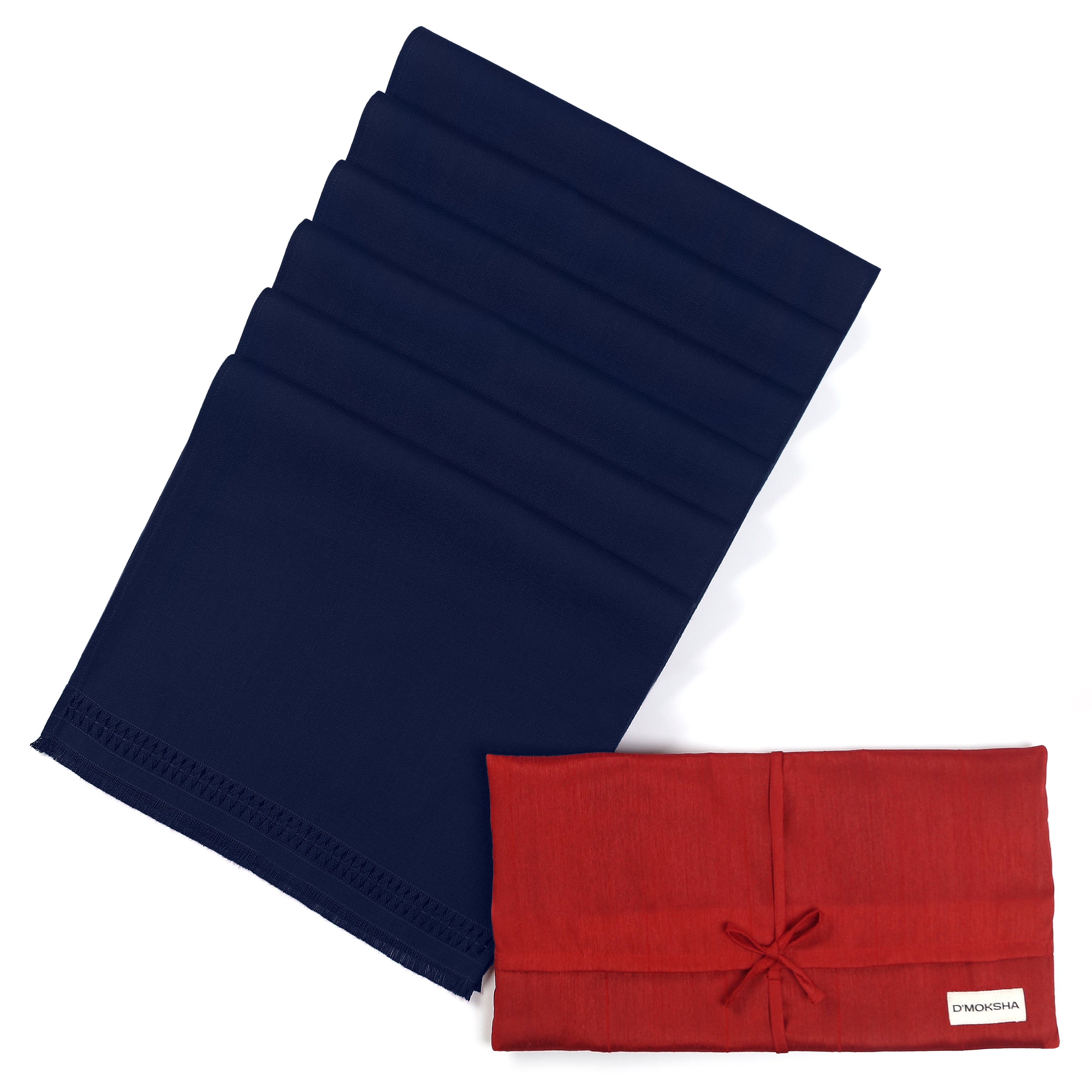Navy blue faux linen placemats folded to show fabric texture