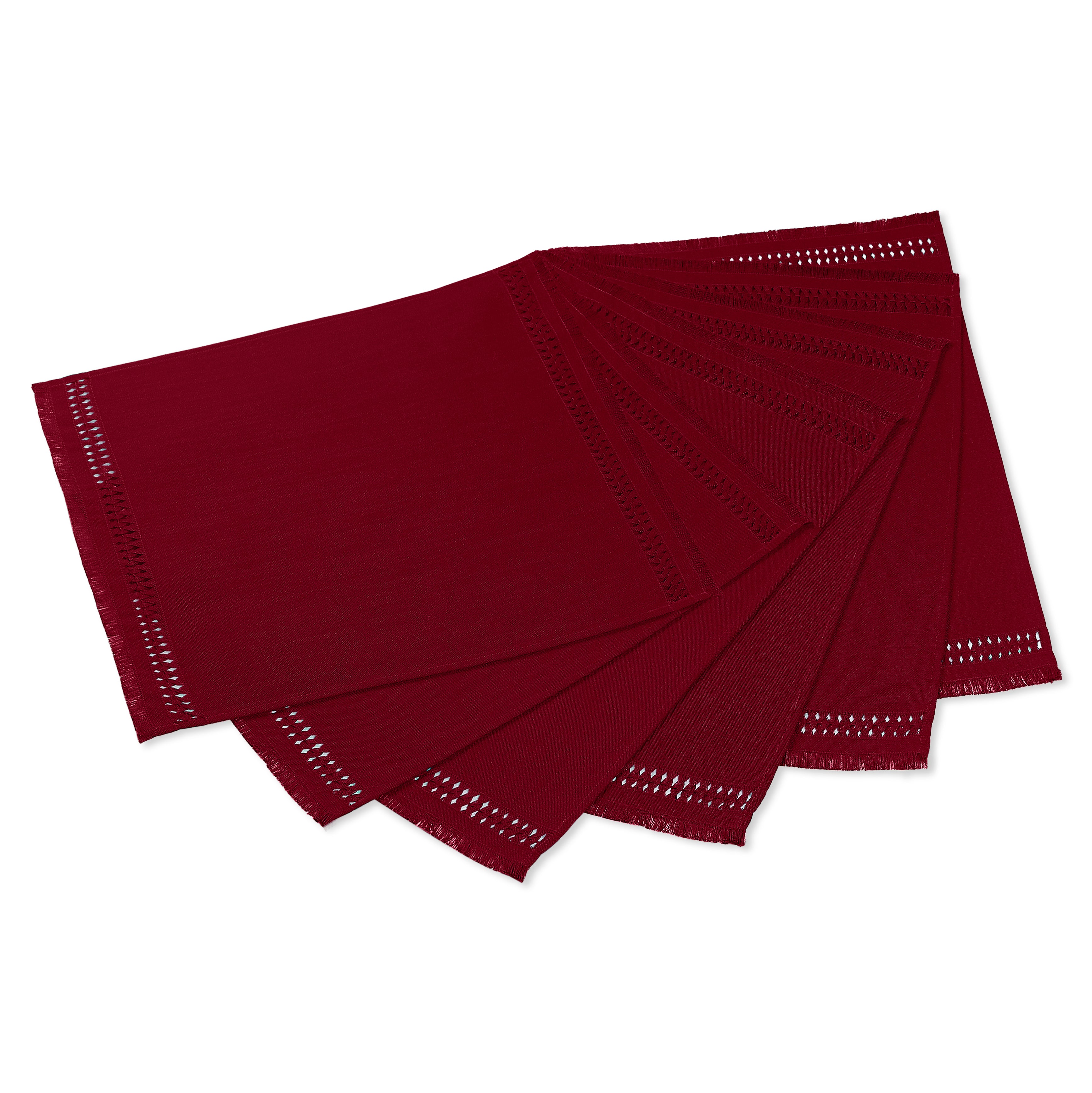 Red faux linen placemats folded to show fabric texture