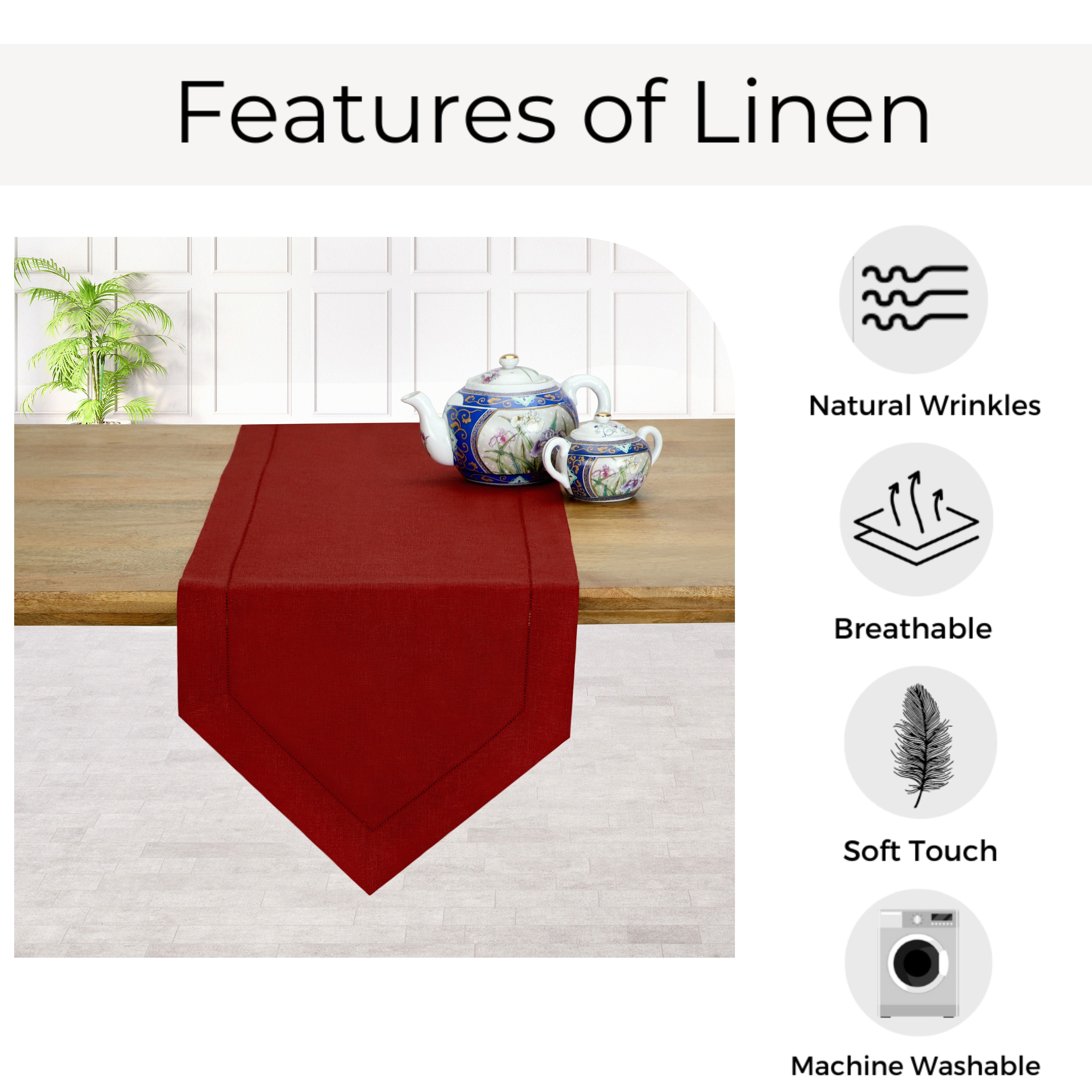 Red pure linen table runner folded to show fabric texture