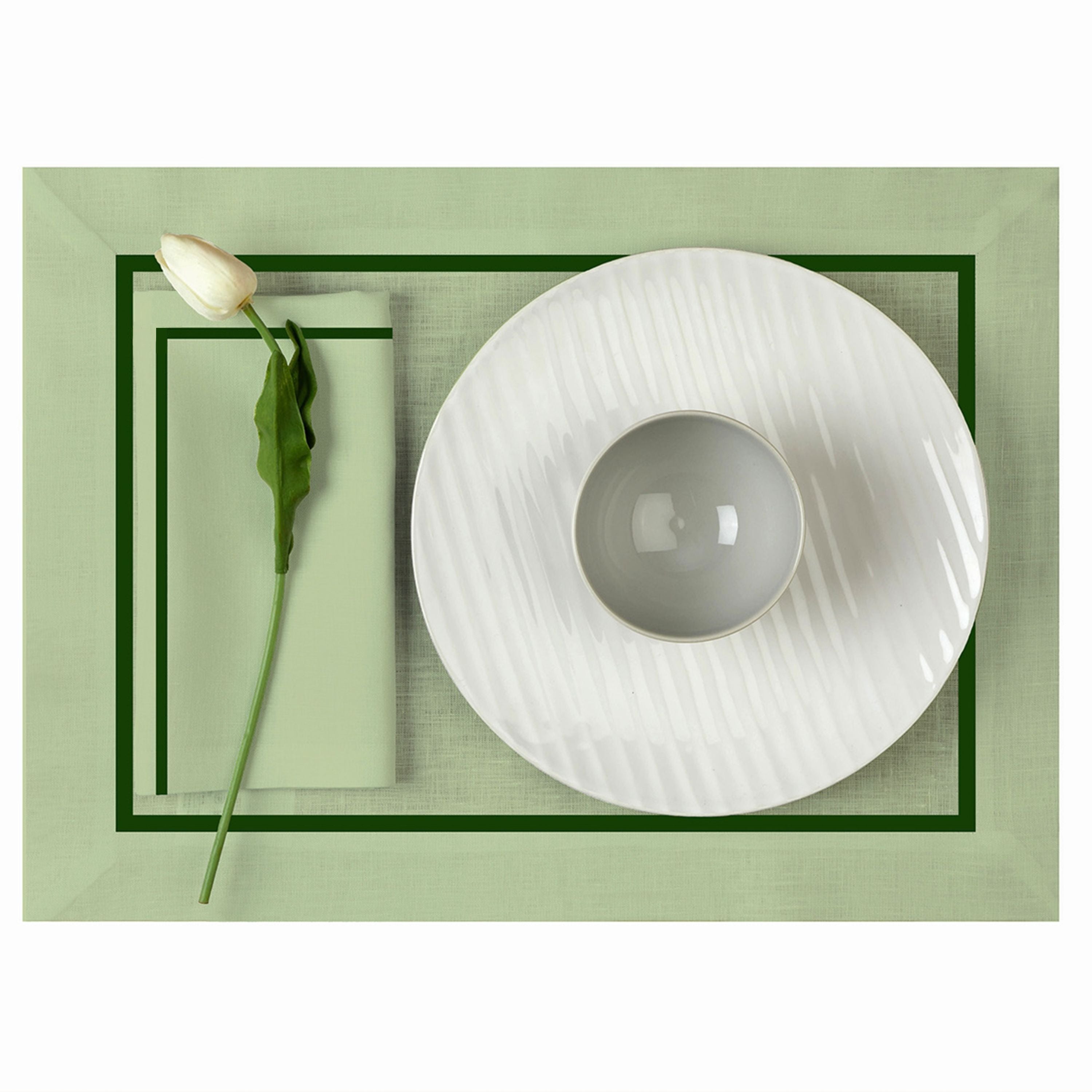 Sage green and forest pure linen dinner napkins with matching D'Moksha table linens