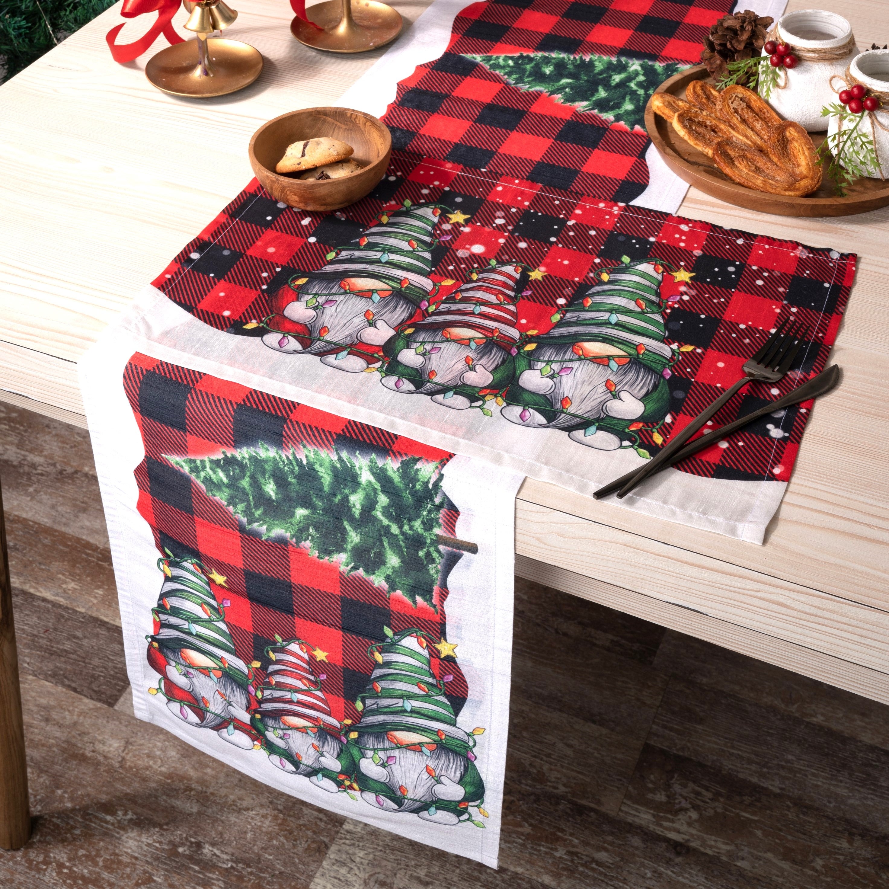 Gnomes plaid Luxe Shineβ’ table runner with matching D'Moksha table linens