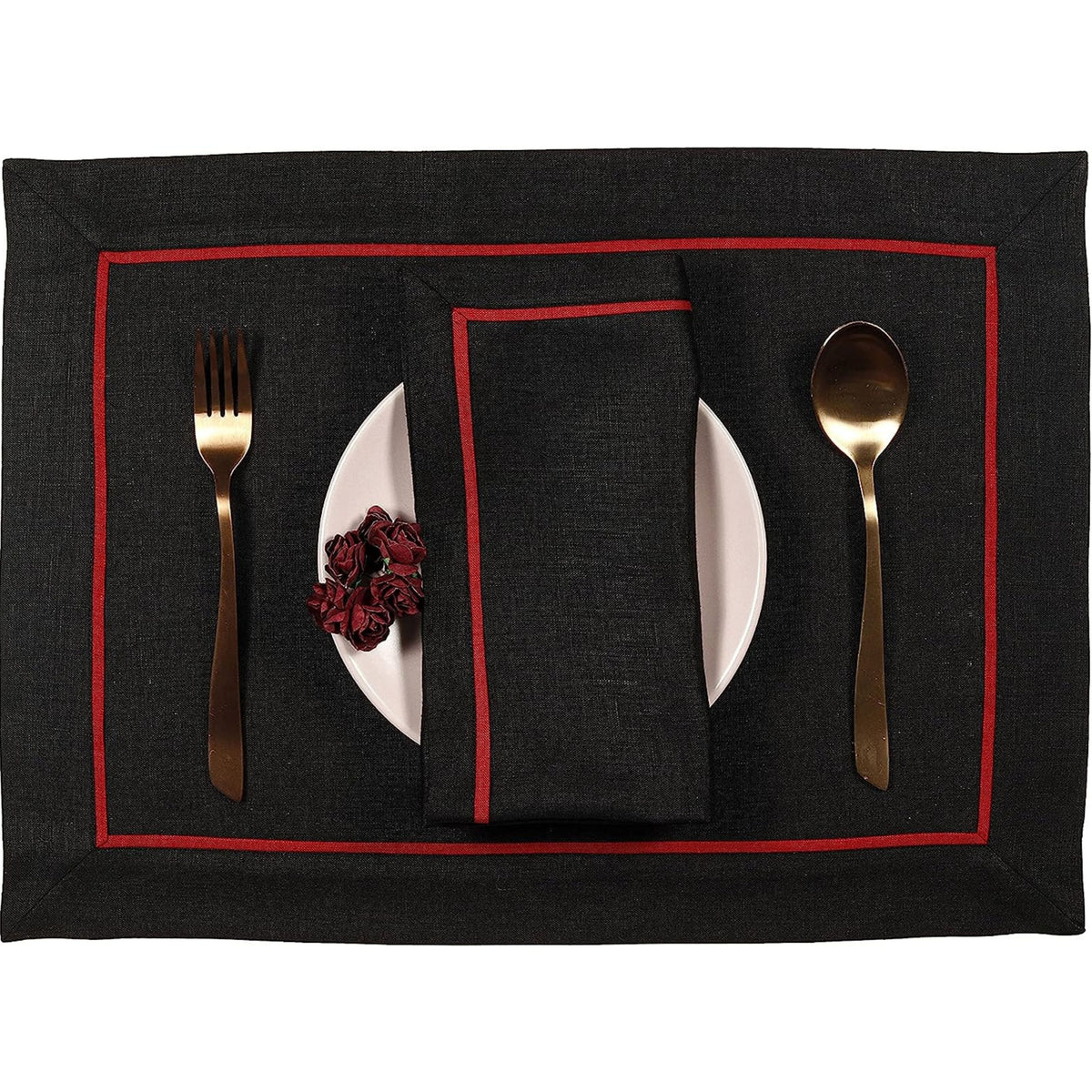 Black and red pure linen dinner napkins folded to show fabric texture