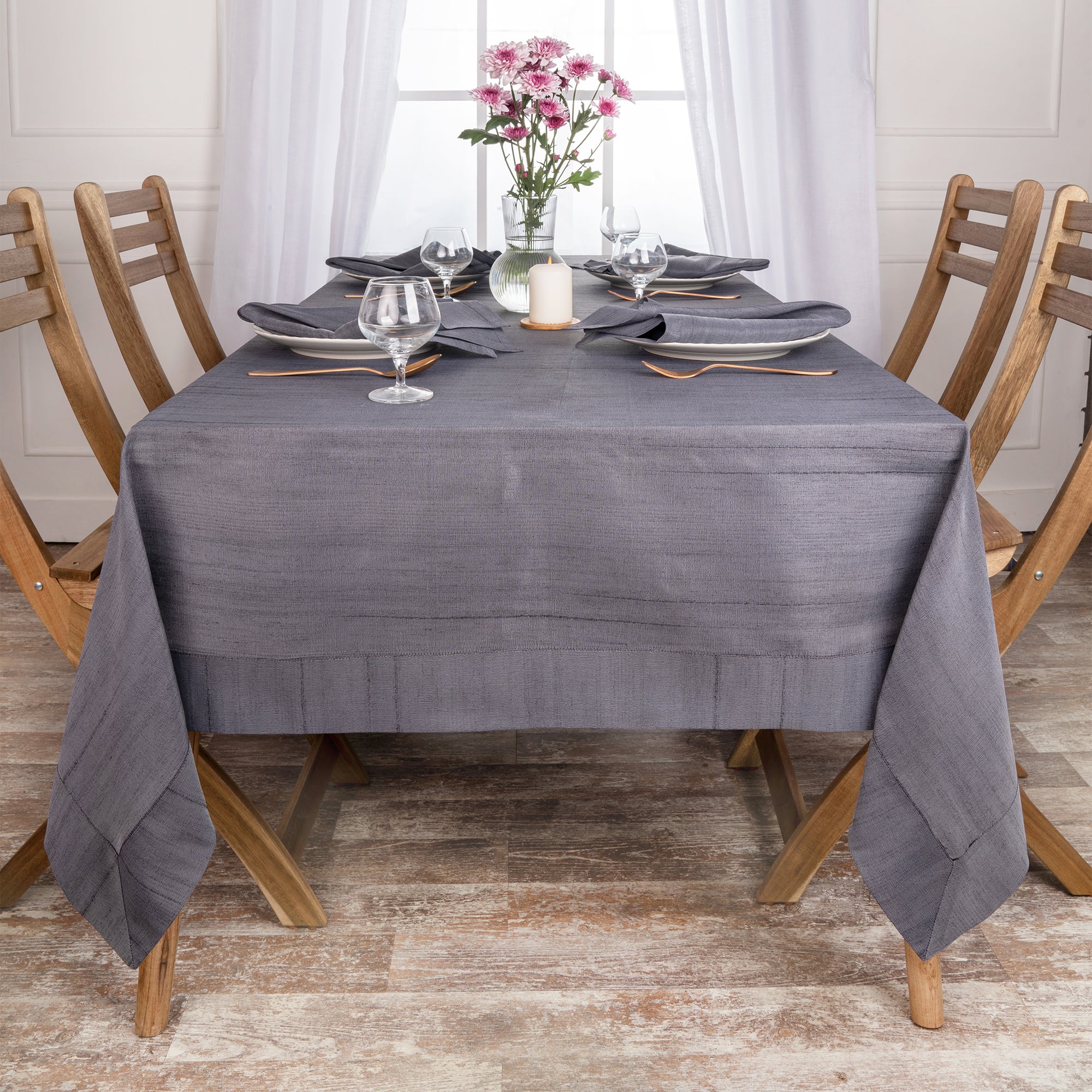Charcoal grey Luxe Shine tablecloth folded to show fabric texture