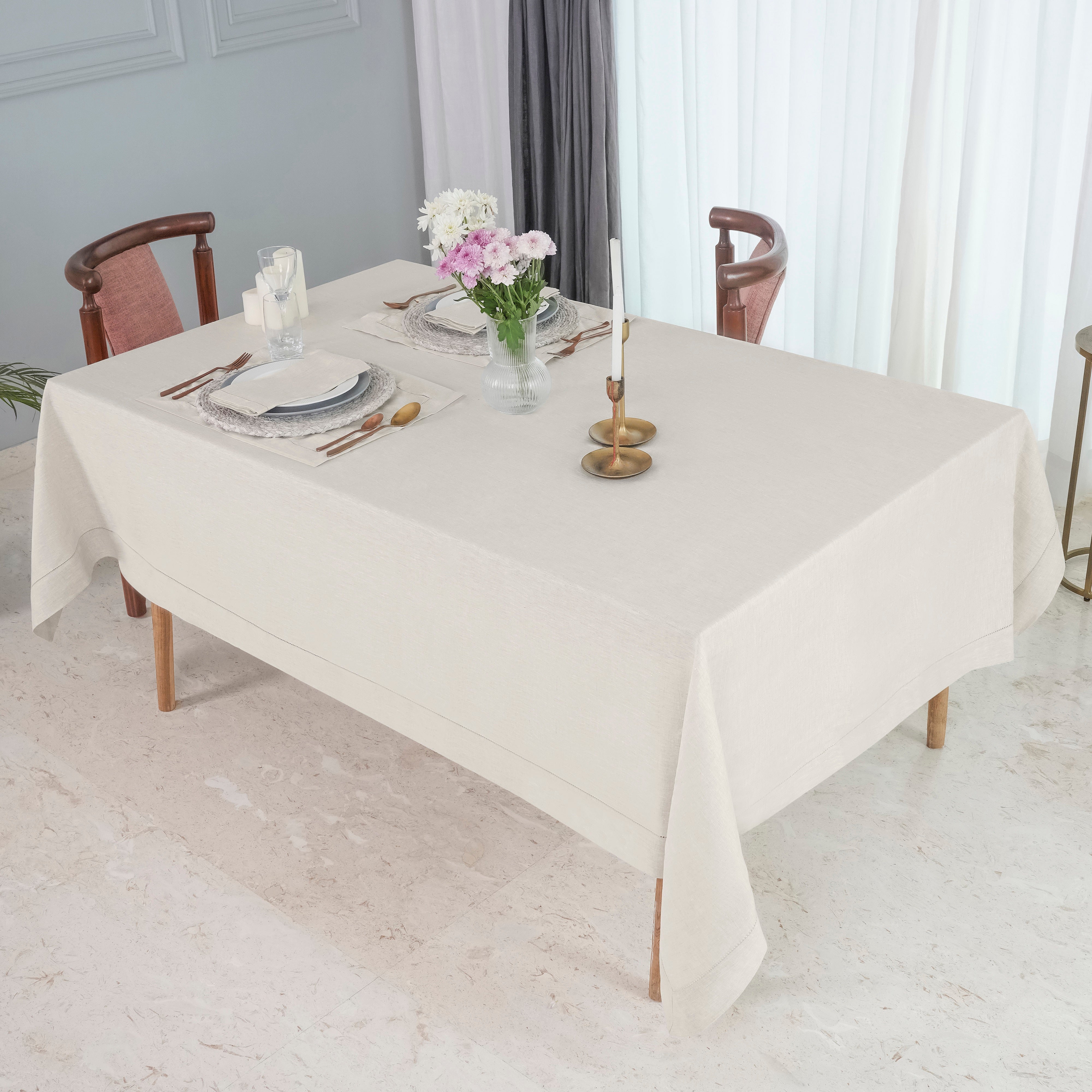 Light Natural Pure Linen Tablecloth, Hemstitch