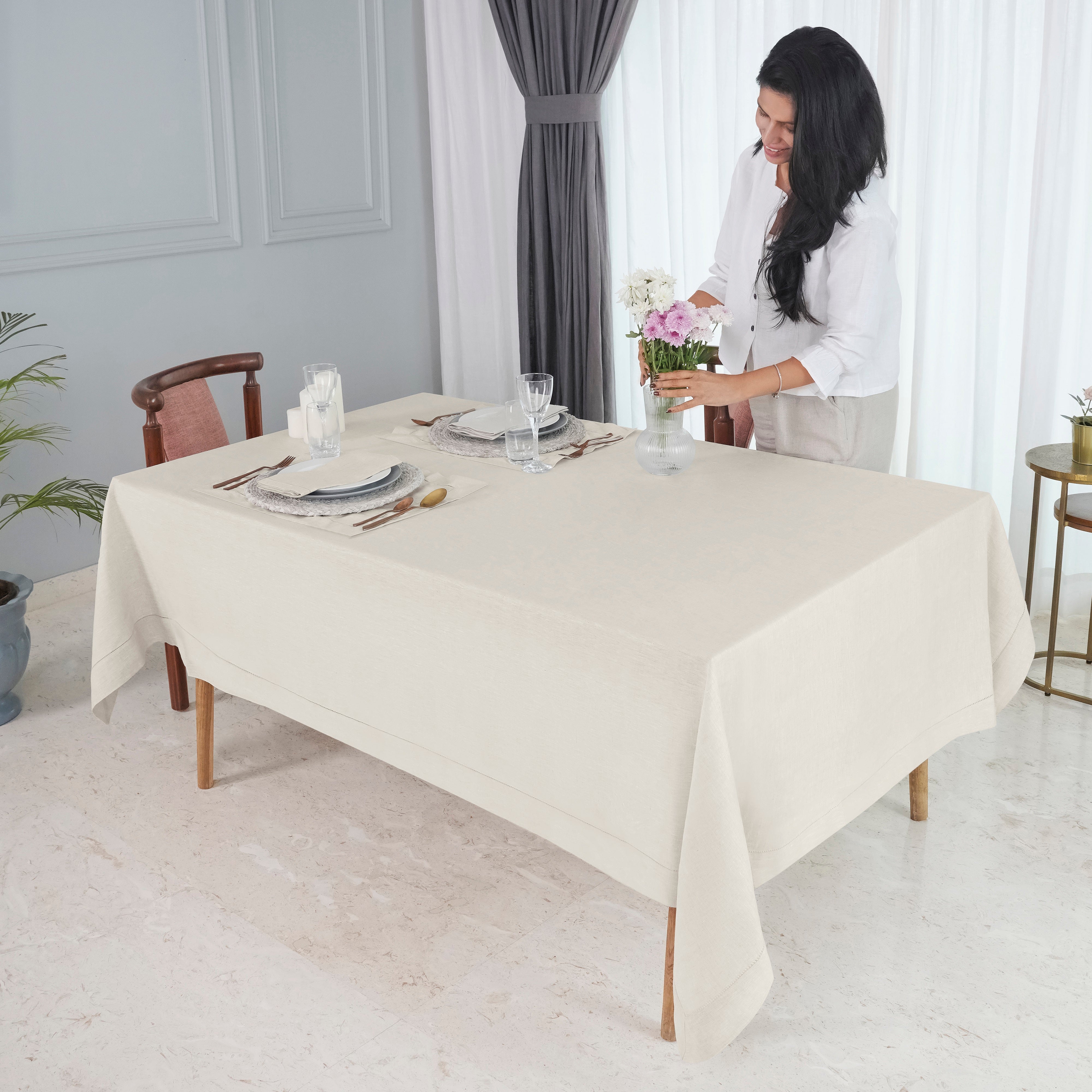Light Natural Pure Linen Tablecloth, Hemstitch