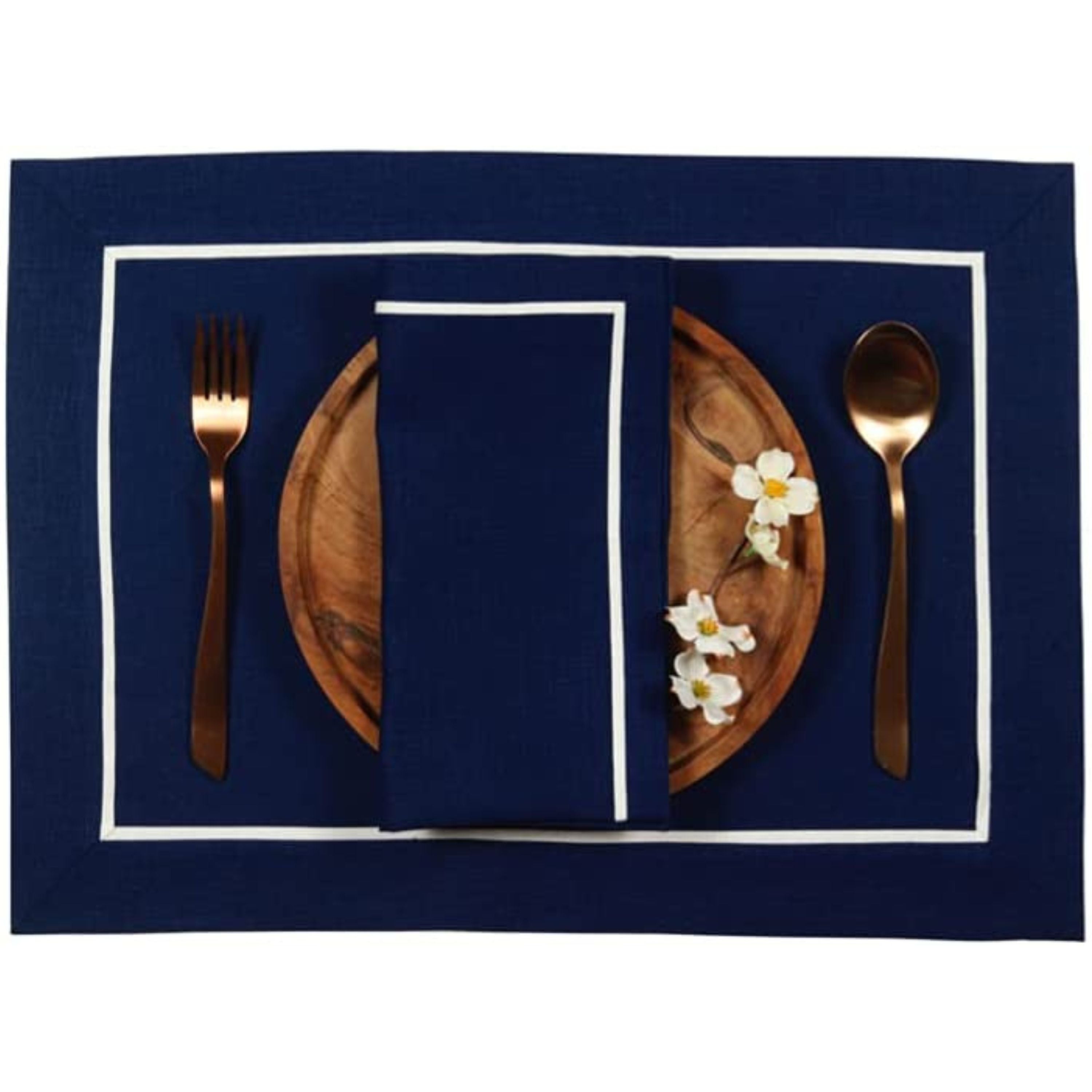 Navy blue and white pure linen placemats with reversible design, 14 x 19 inches, set of 4