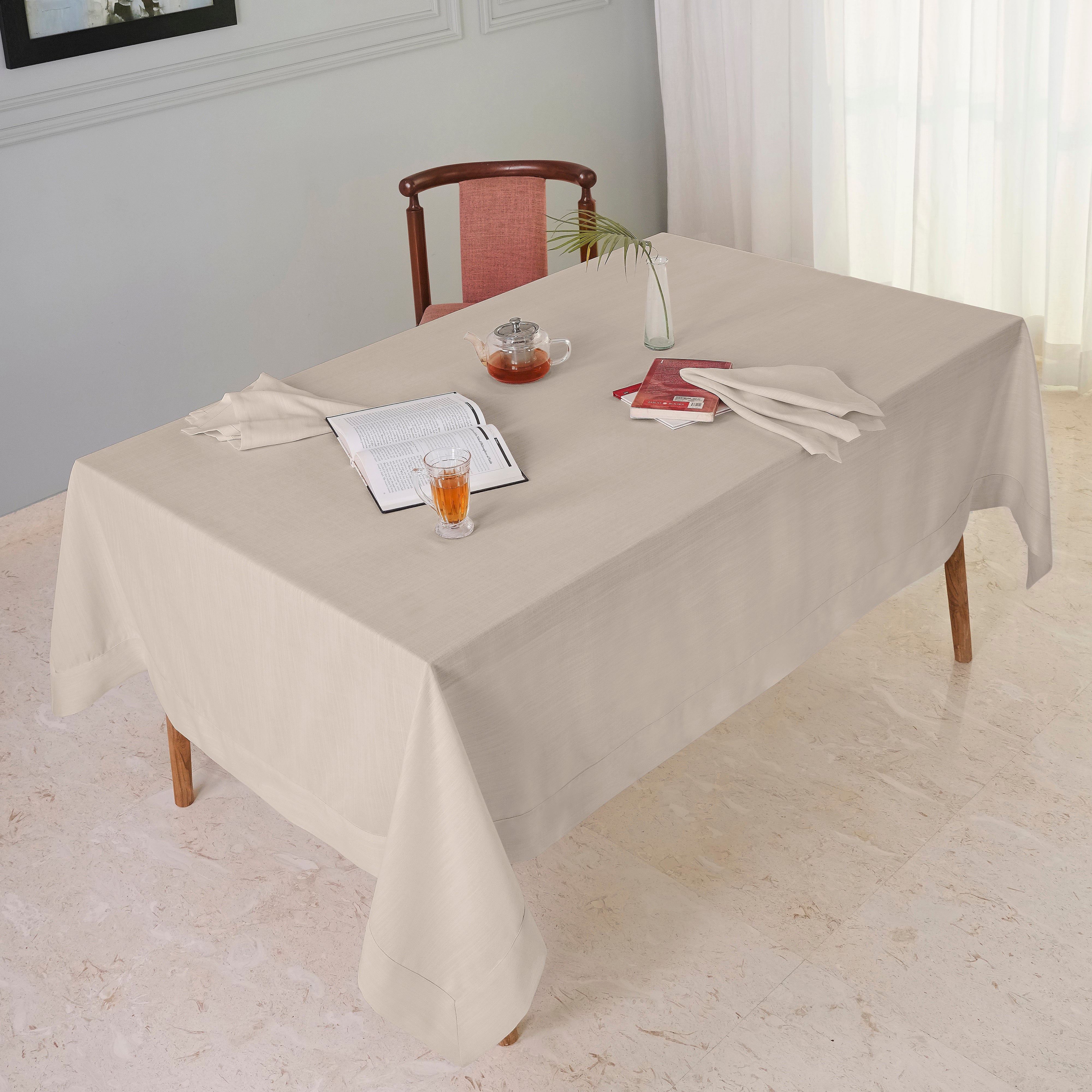 Natural Tablecloth, Faux Linen, Mitered Corner