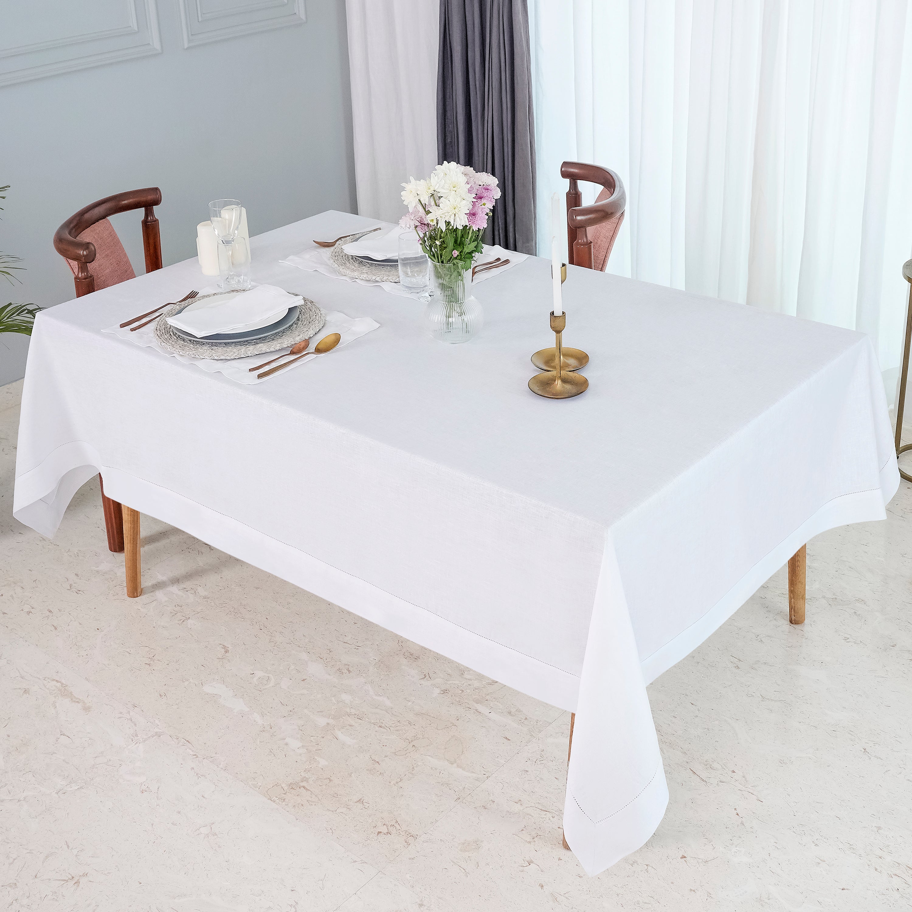 White Pure Linen Tablecloth, Hemstitch
