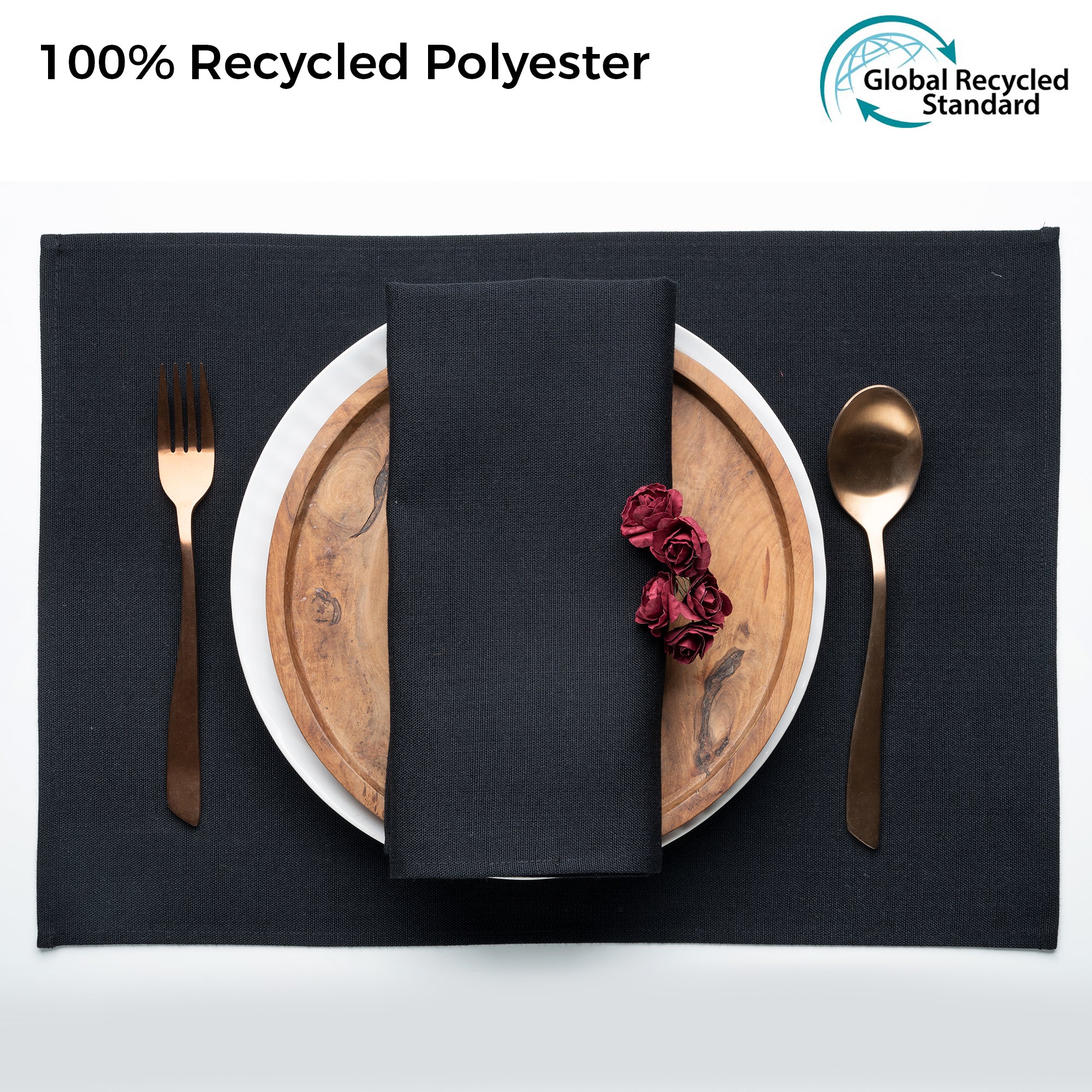 Black faux linen placemats styled on a dining table