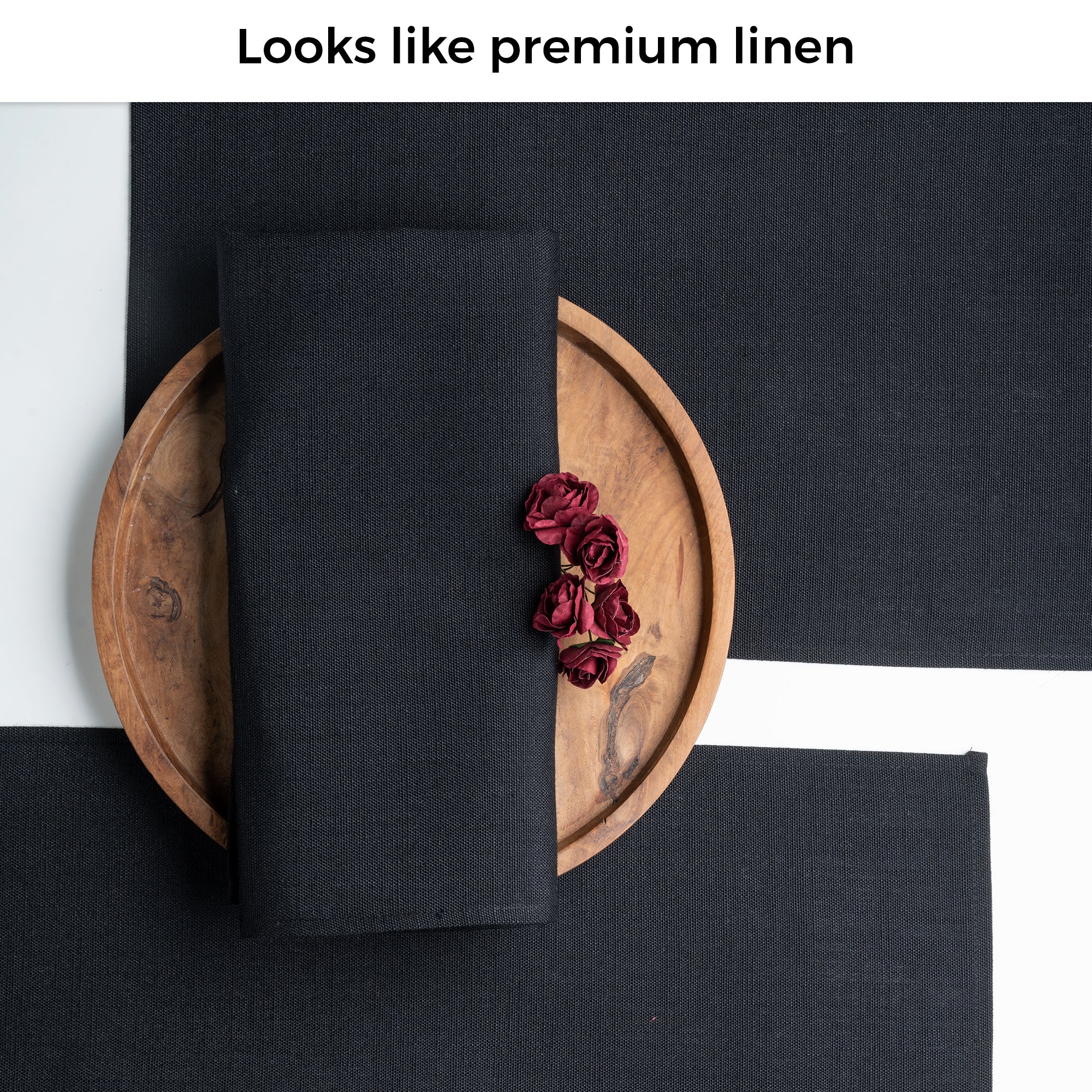 Close-up of the weave on black faux linen placemats