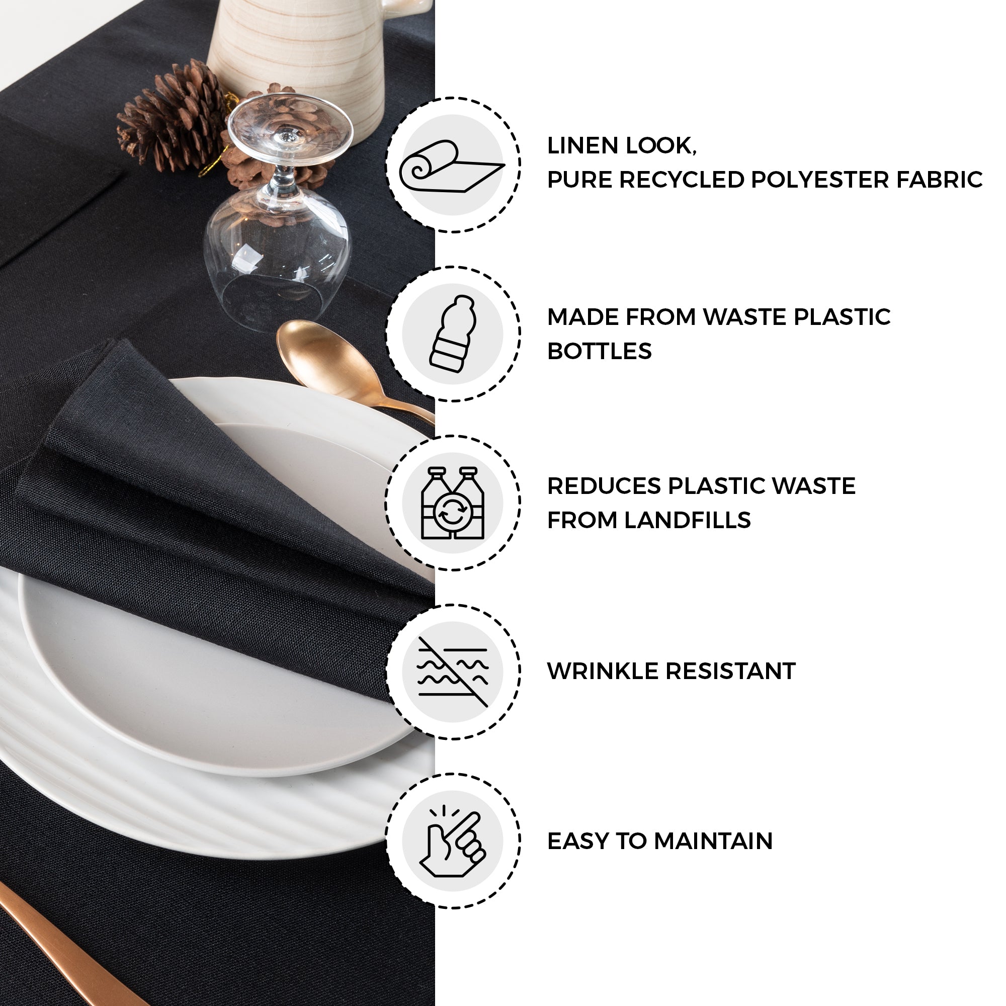 Black faux linen placemats with matching D'Moksha table linens