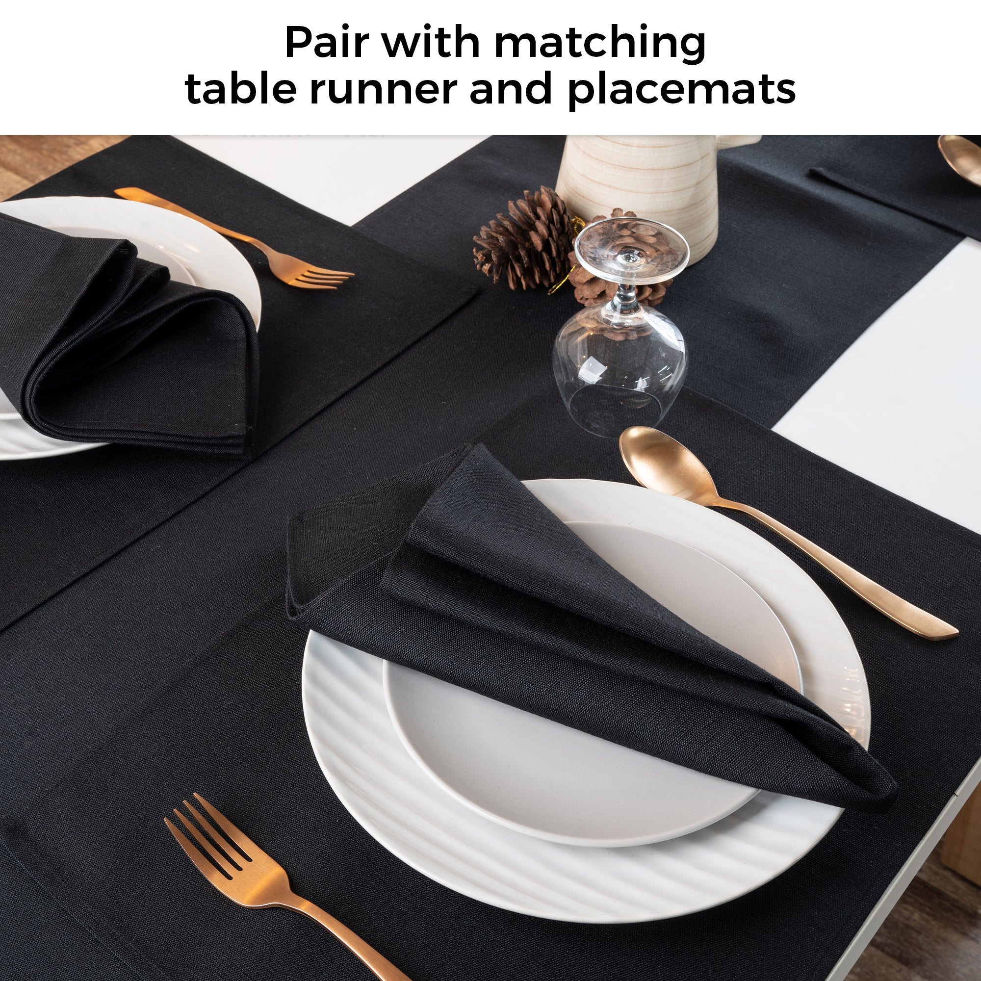 Black faux linen placemats in a set table setting